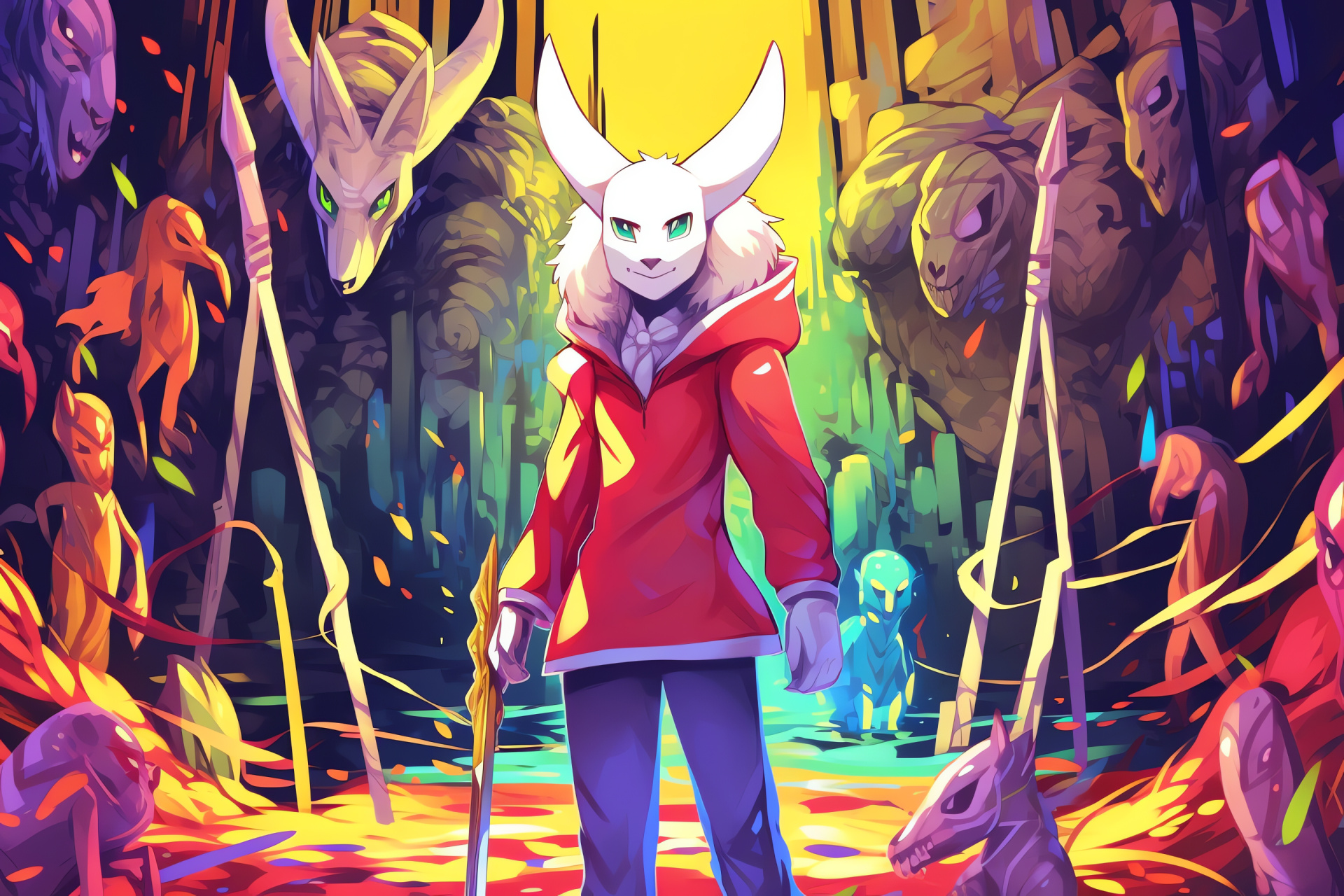 Undertale royalty, Asriel Dreemur, princely figure, vibrant detailing, otherworldly hues, HD Desktop Image