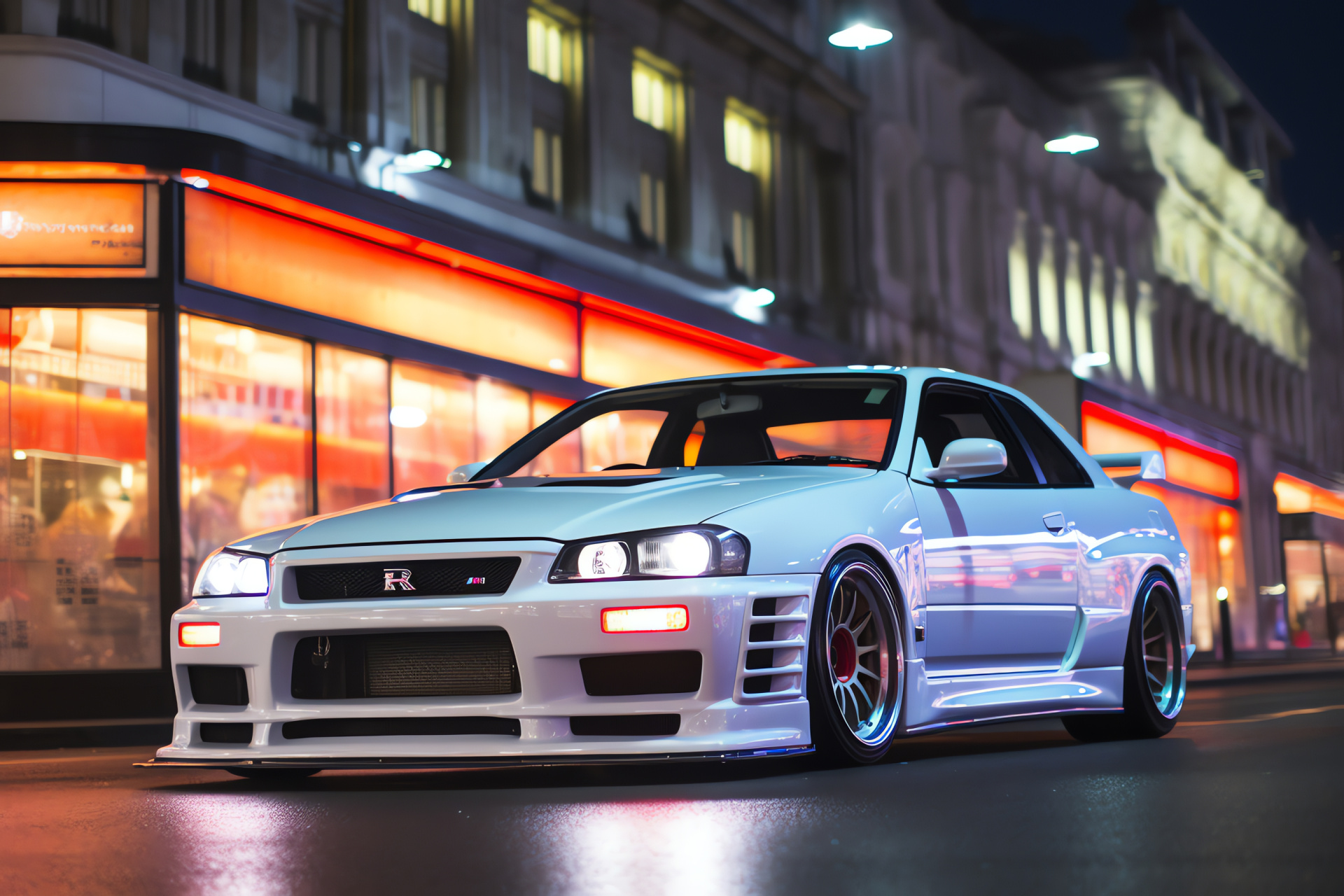 Nissan Skyline GTR, Japanese automotive icon, Cityscape setting, Urban backdrop, High-performance model, HD Desktop Image