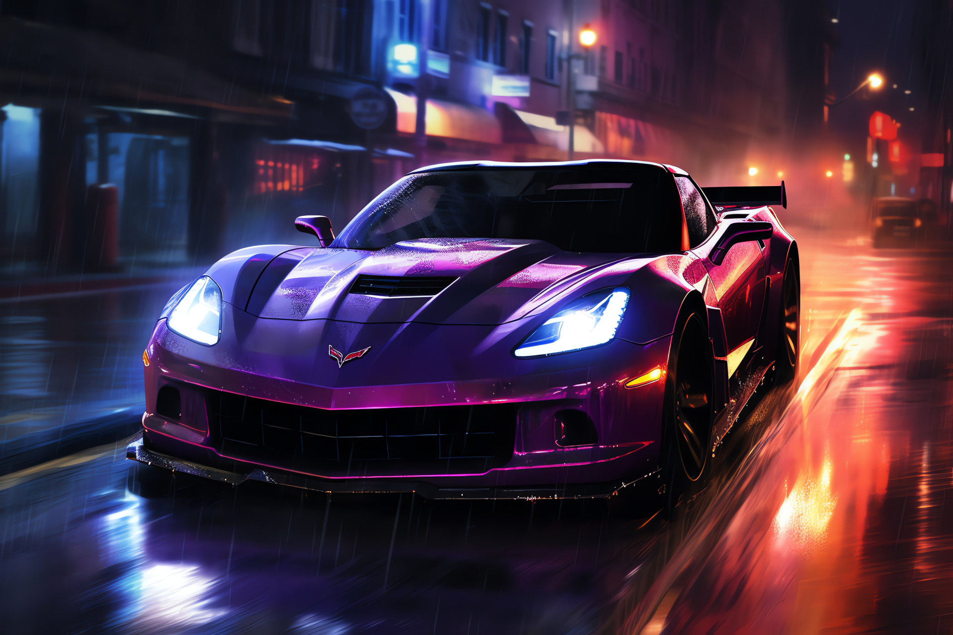 NFS Most Wanted Corvette drama, Rain-soaked pursuit, Reflective city streets, Vehicle action scene, Luminescent landscape, HD Desktop Wallpaper