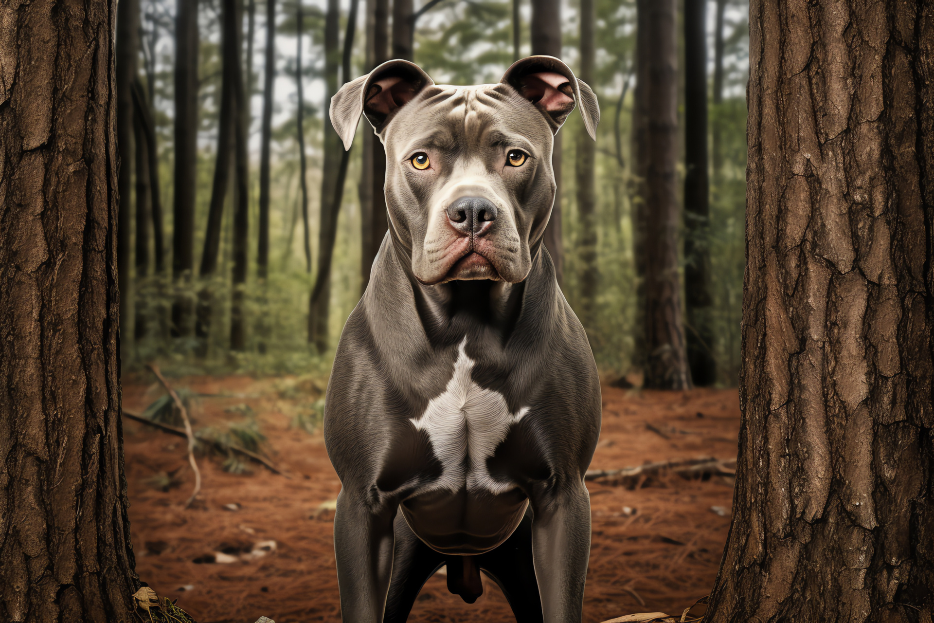 Pitbull, charcoal white fur, forest backdrop, majestic setting, natural beauty, HD Desktop Image