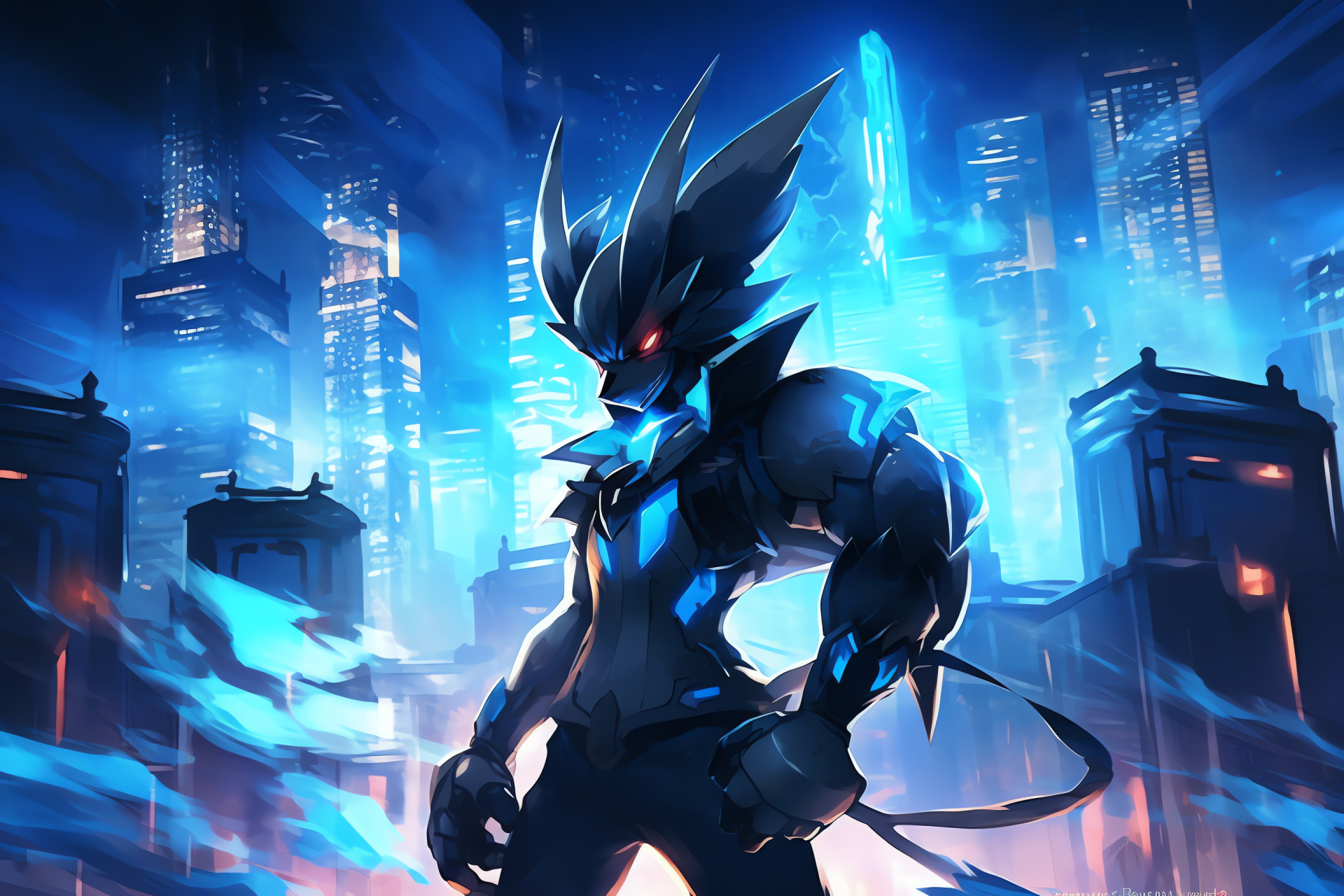 Mega Lucario, urban bustle, combat ready, illuminated fight, high-rise landscape, HD Desktop Image