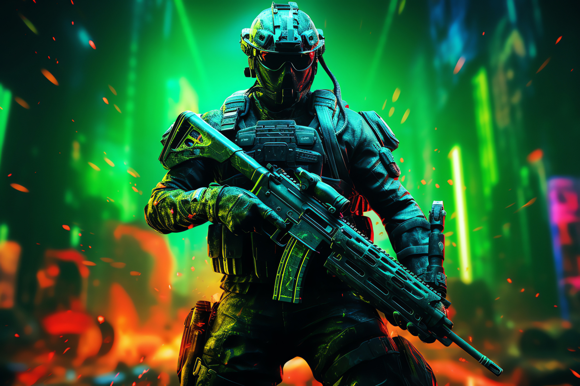 MW2 Game, Green-eyed character, Energy weapon, Neon visuals, Gaming scene, HD Desktop Wallpaper