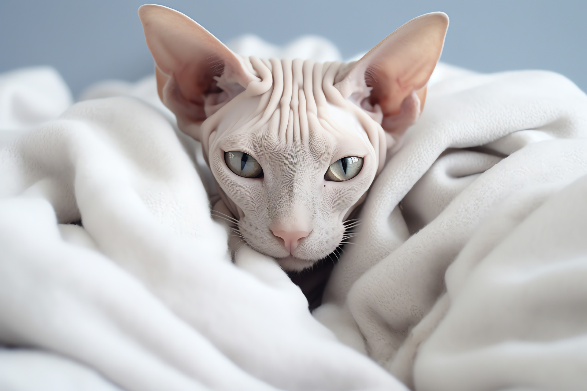 Hairless Sphinx, White Sphynx Cat, Azure optics, Nude skin, Velour touch, HD Desktop Wallpaper