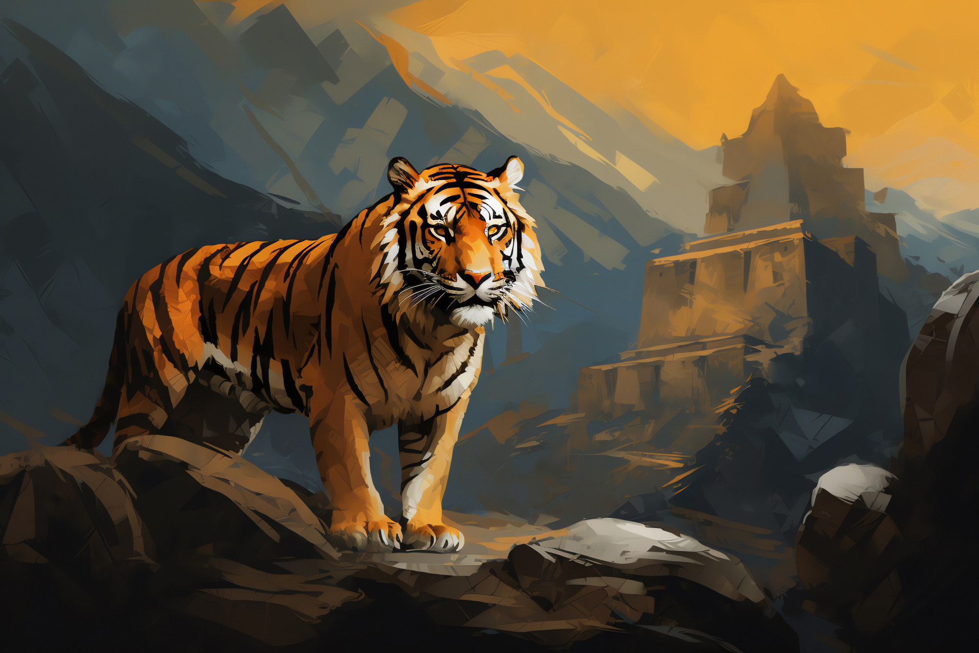 Golden Tiger, Rare striped feline, Bhutanese mountain environment, Tiger in ruins, Amber-eyed wildlife, HD Desktop Image