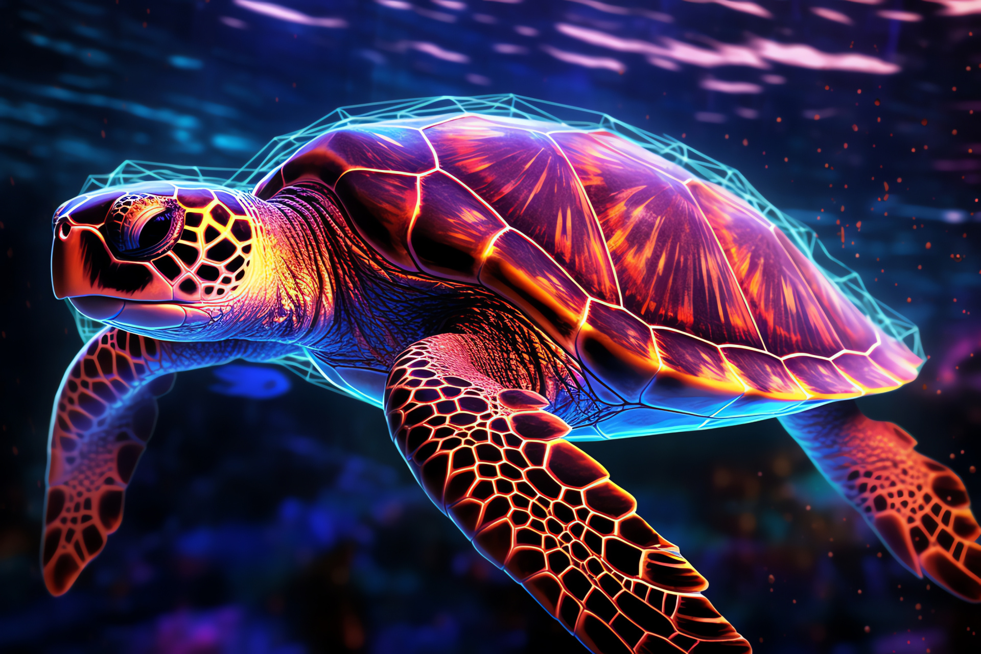 Sea Turtle in ocean, Marine reptile gliding, Crystal-clear aquatic realm, Glowing marine backdrop, Intricately patterned shell, HD Desktop Wallpaper