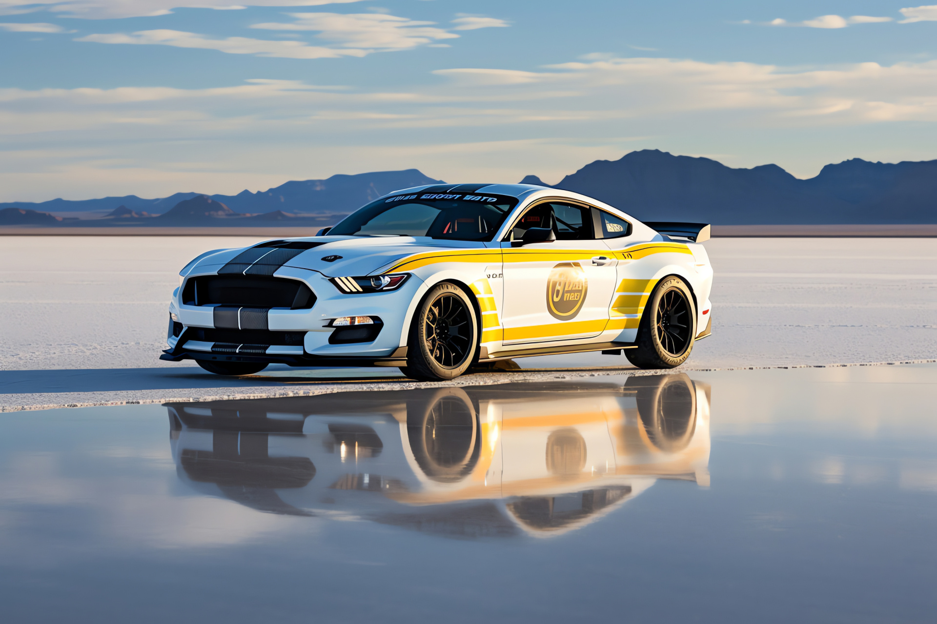 Shelby Mustang GT350R, Bonneville Salt Flats, race-inspired design, speed trial aesthetic, motorsport livery, HD Desktop Image