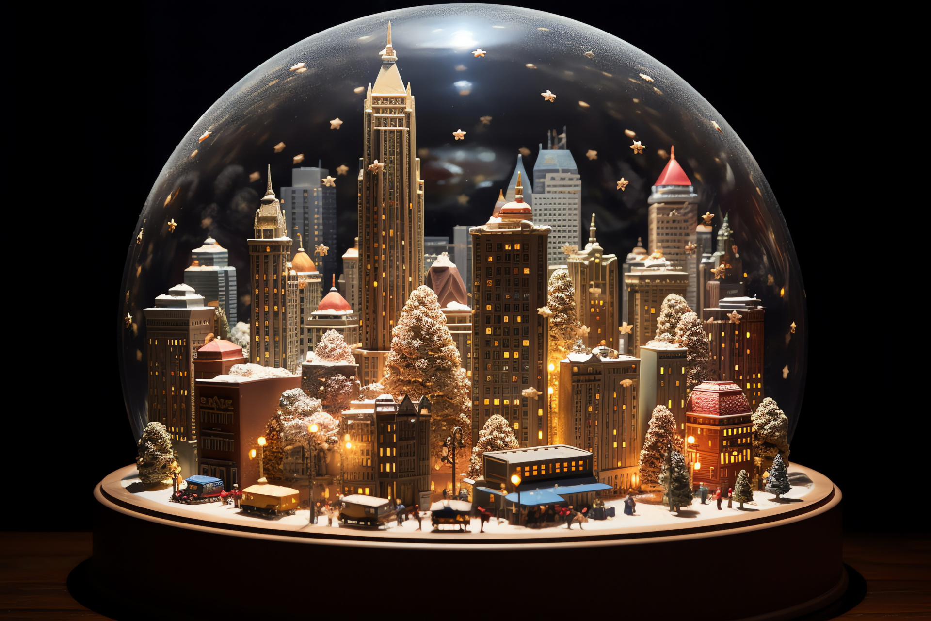 Miniature cityscape encapsulated, Winter celebration diorama, Urban outline under snow, Twinkling seasonal decor, Festive ornament, HD Desktop Image