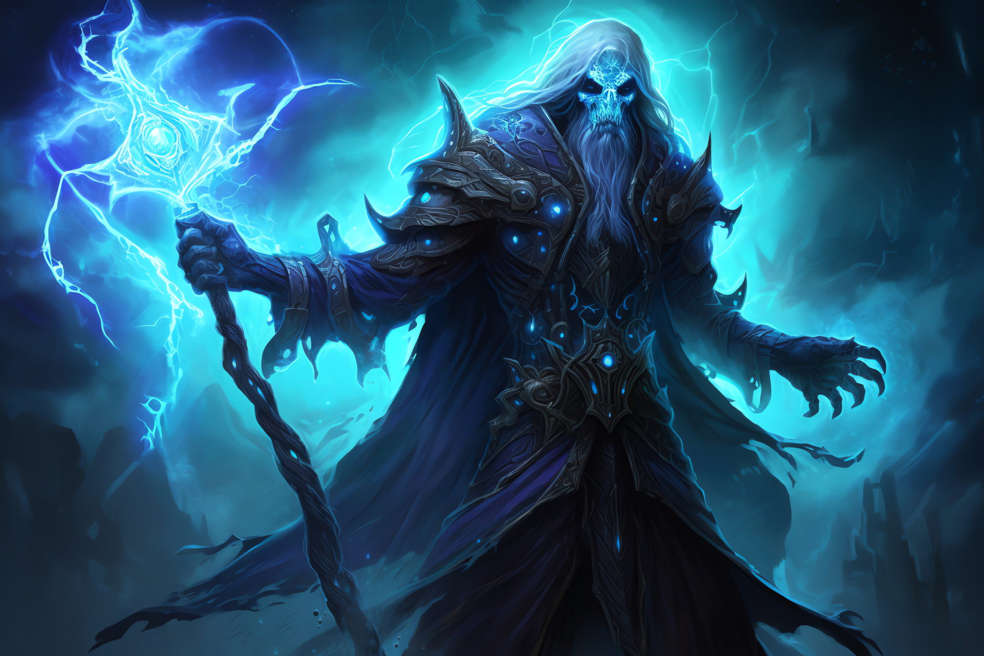 Undead sorcerer Arcturus, Cold gaze, Protective ensemble, Illuminated text, Ethereal magic, HD Desktop Wallpaper