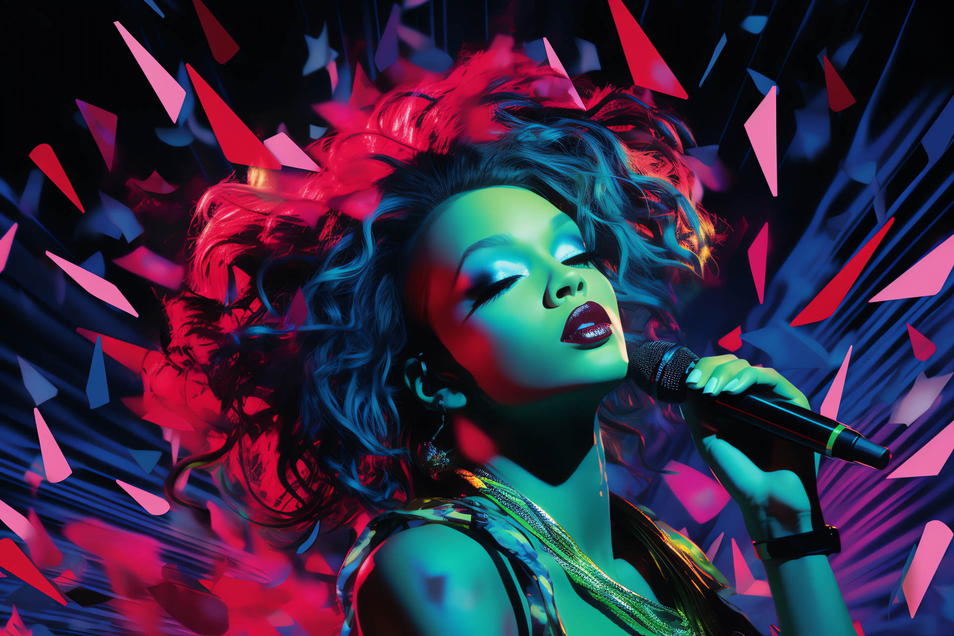 Pop star Rihanna, Music sensation, Light display, Jewelry microphone, Fashionable hairstyle, HD Desktop Image