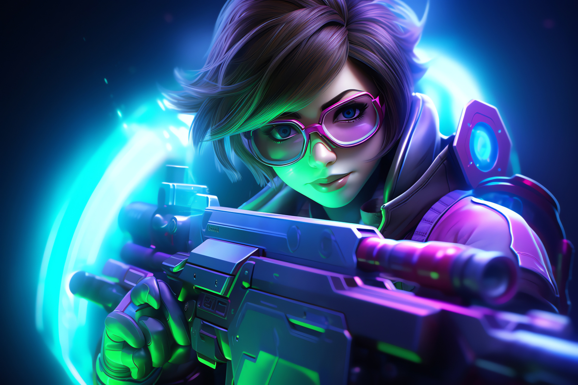 Overwatch Mei, vibrant character portrait, purple and green hues, chilling glance, visual pop, HD Desktop Wallpaper