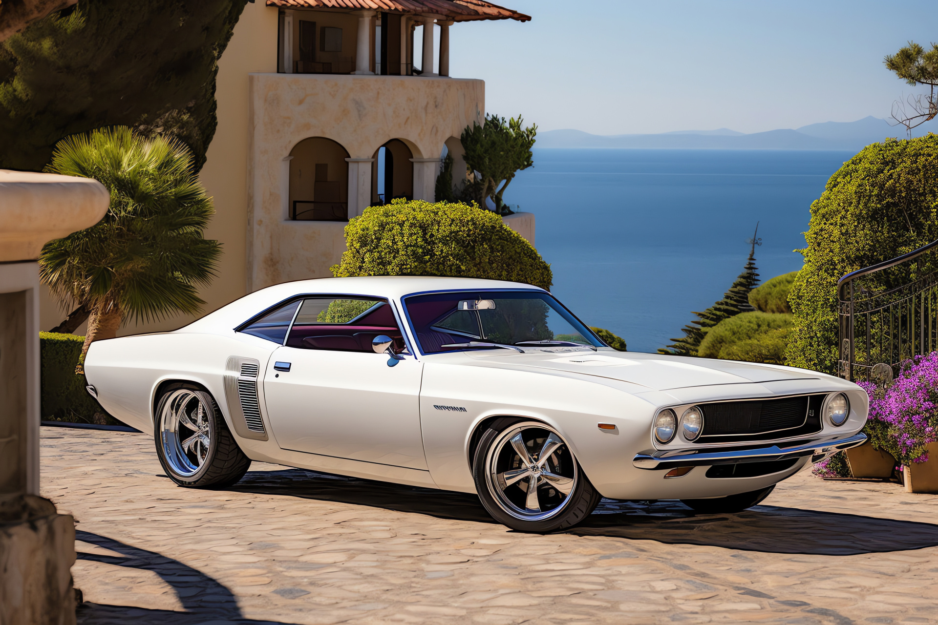 Plymouth Barracuda, Cte d'Azur, alabaster tone, bespoke rims, coastside drive, HD Desktop Wallpaper