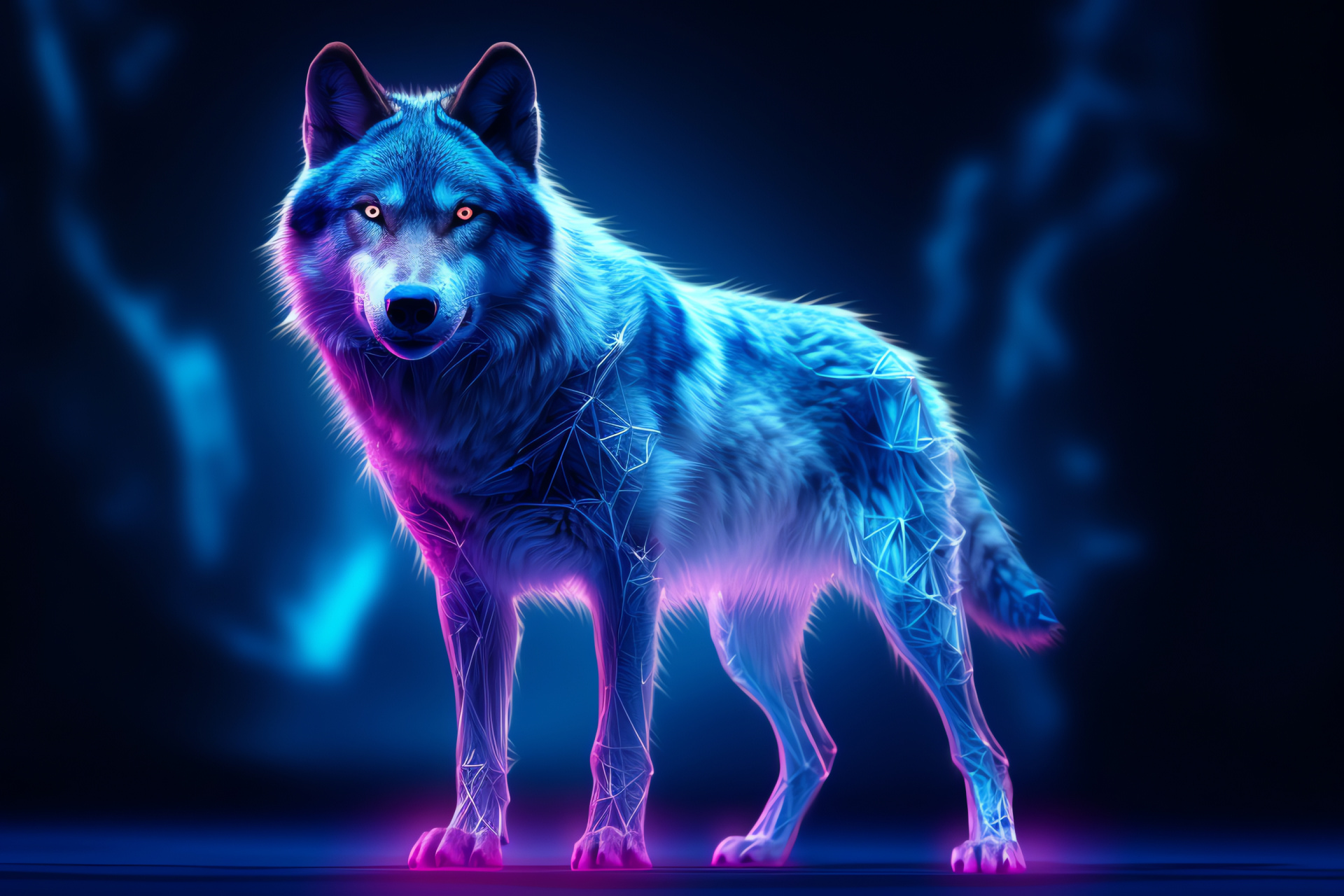 Majestic Neon Wolf, Piercing blue pupils, Silvery-white coat, Full display, Neon lighting, HD Desktop Wallpaper