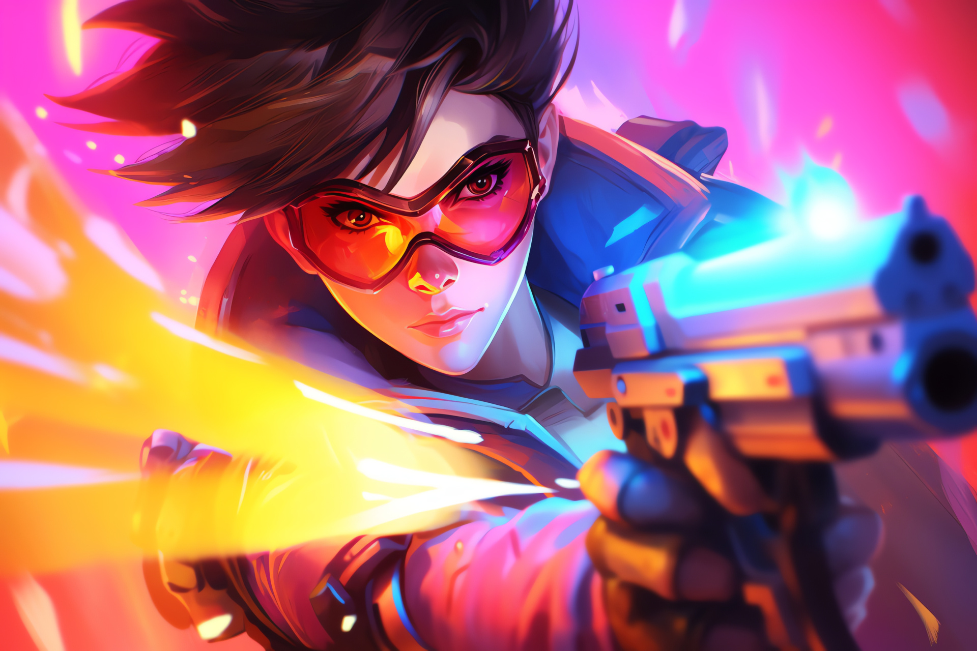 Overwatch Tracer, Speedster character, Pilot goggles, Playful smirk, Digital hero, HD Desktop Wallpaper