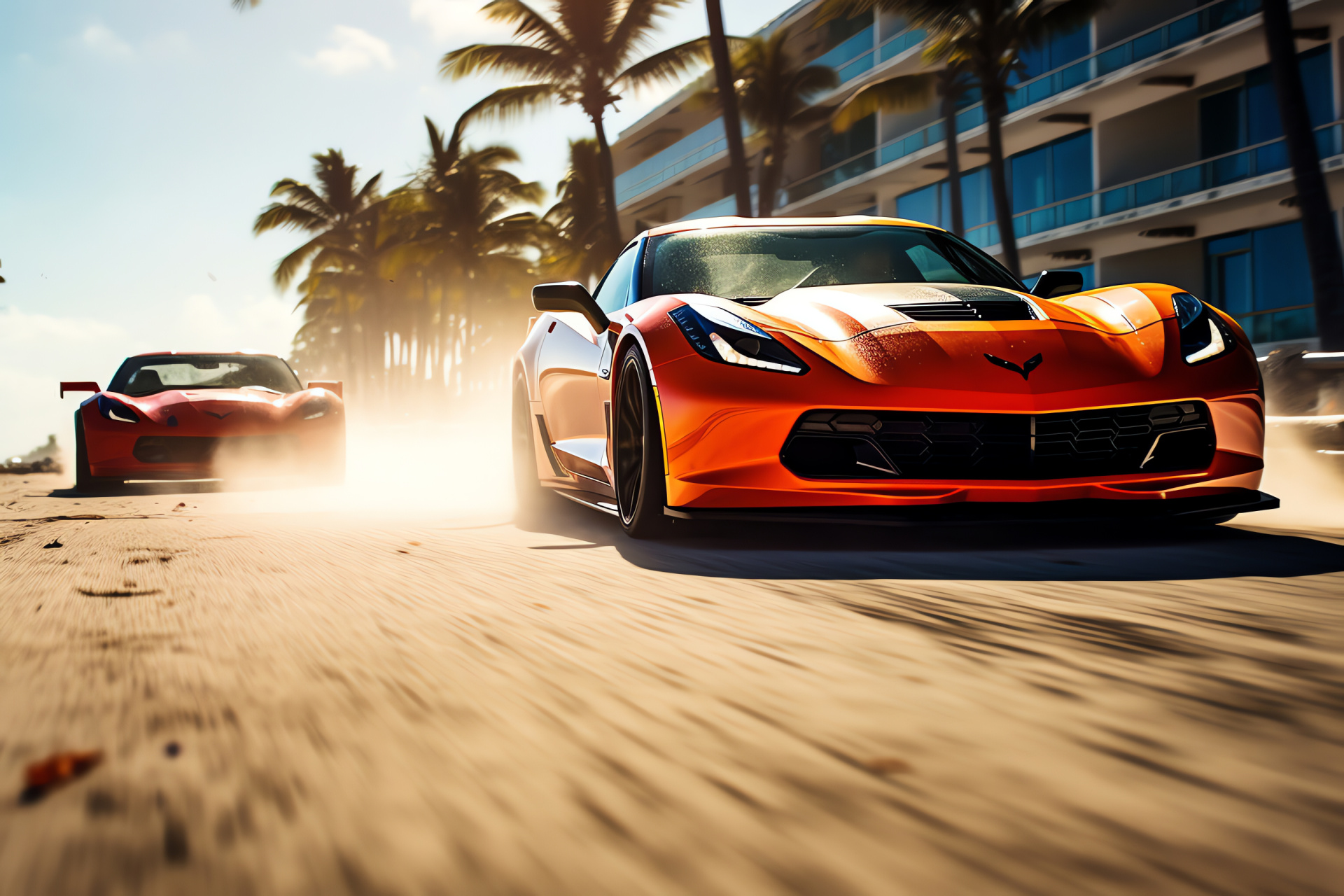 Street Racing Cars, Miami shoreline, Chevrolet Corvette, Ford Mustang, Marina race, HD Desktop Wallpaper