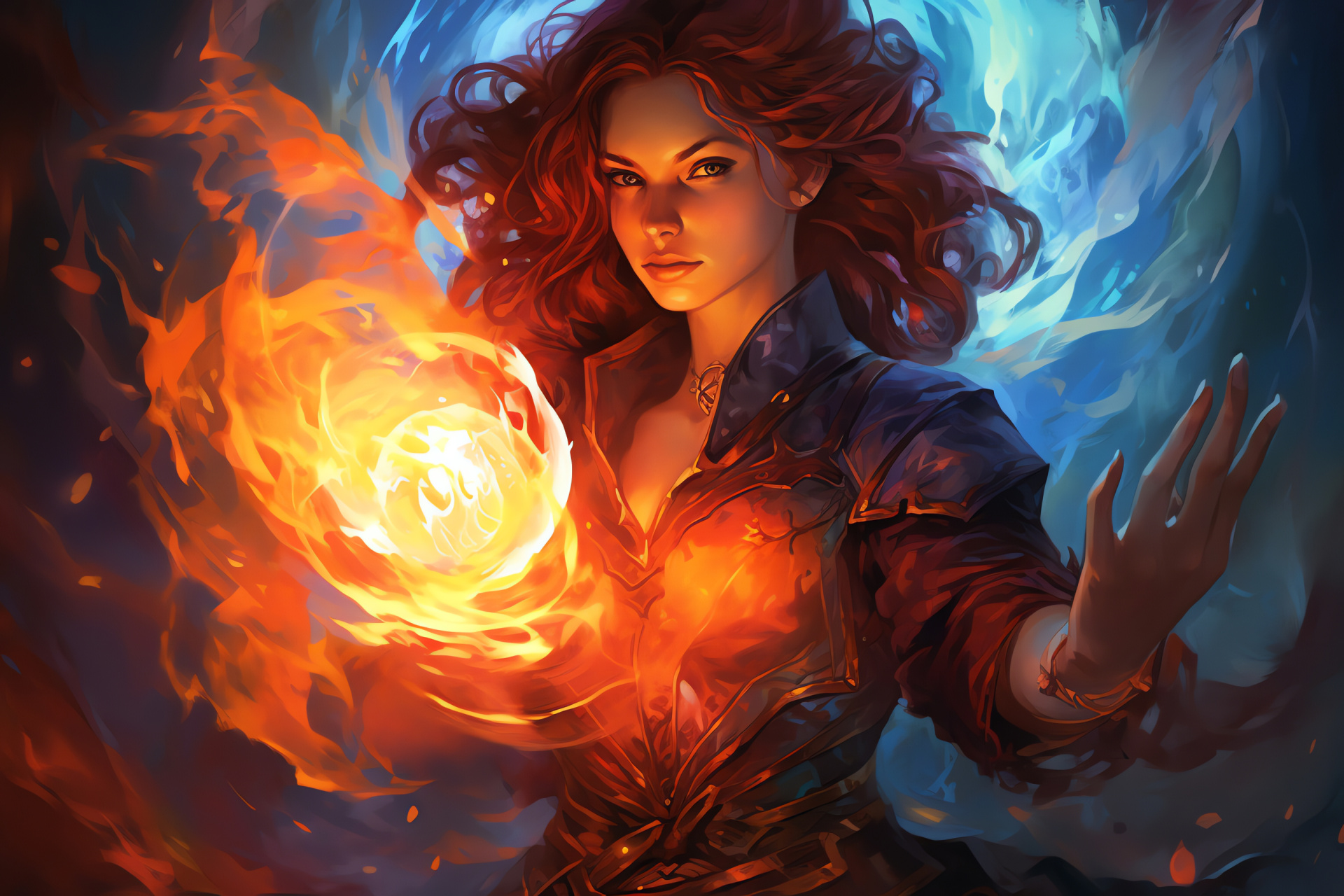 Chandra Nalaar focus, Pyromancer's fury, Ruby-flamed eyes, Card game enthusiast, Flame-wreathed hair, HD Desktop Image