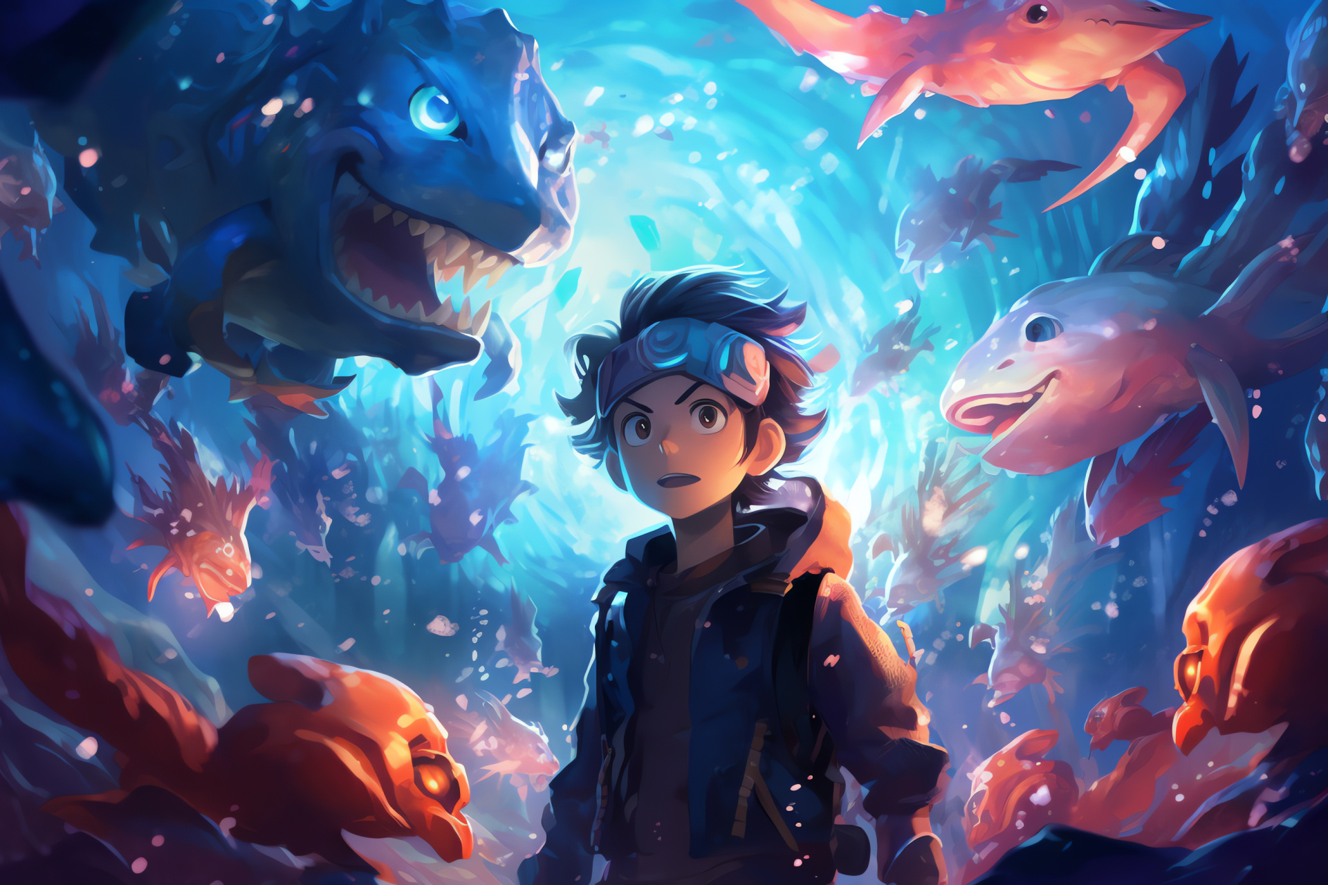 Ash with Gyarados, aquatic cavern journey, marine Pokemon encounters, underwater exploration, bioluminescent environment, HD Desktop Wallpaper