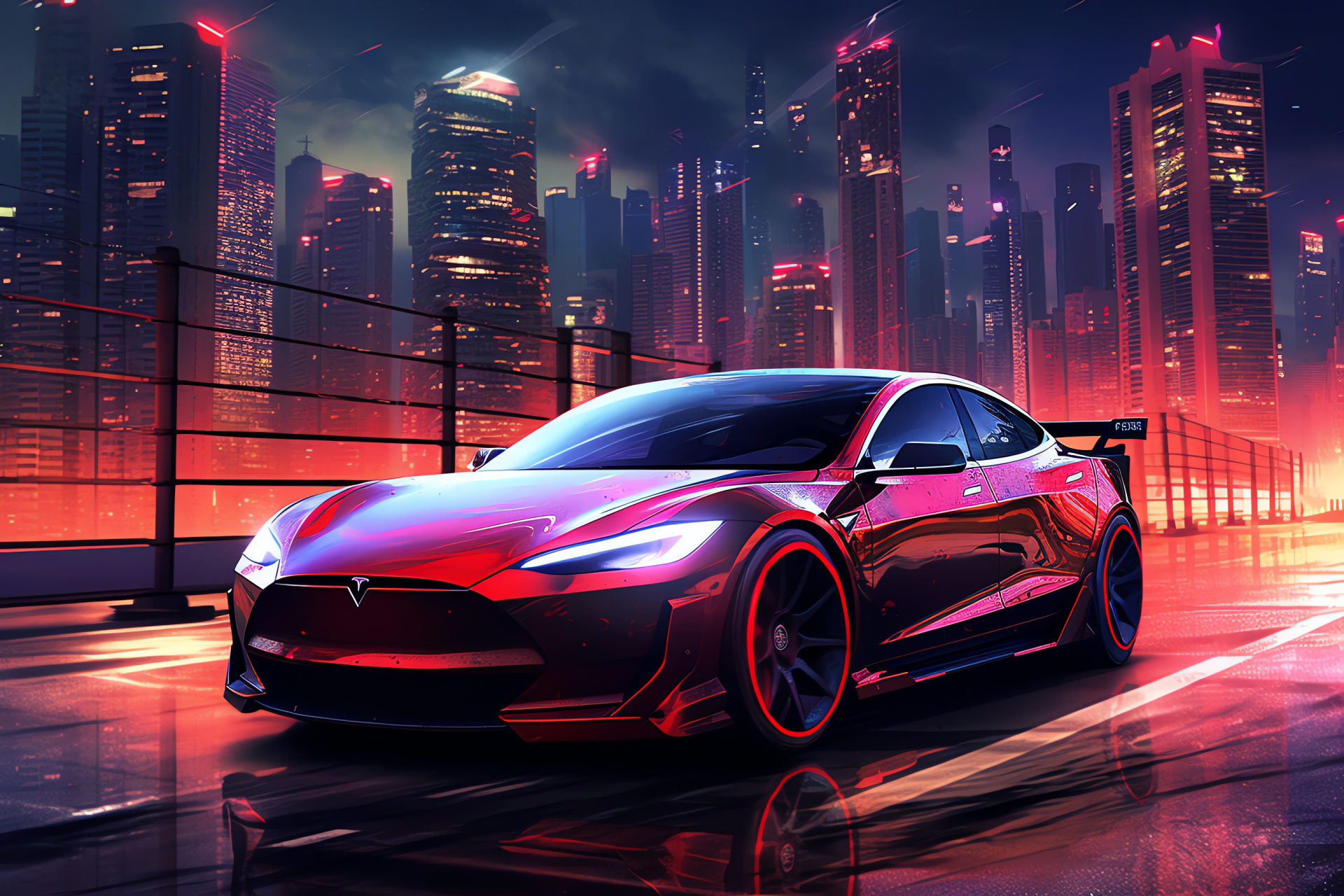 Red Tesla Model S, Futuristic urban landscape, Sky-high metropolitan perspective, Illuminated nocturnal roads, Scarlet car shade, HD Desktop Image