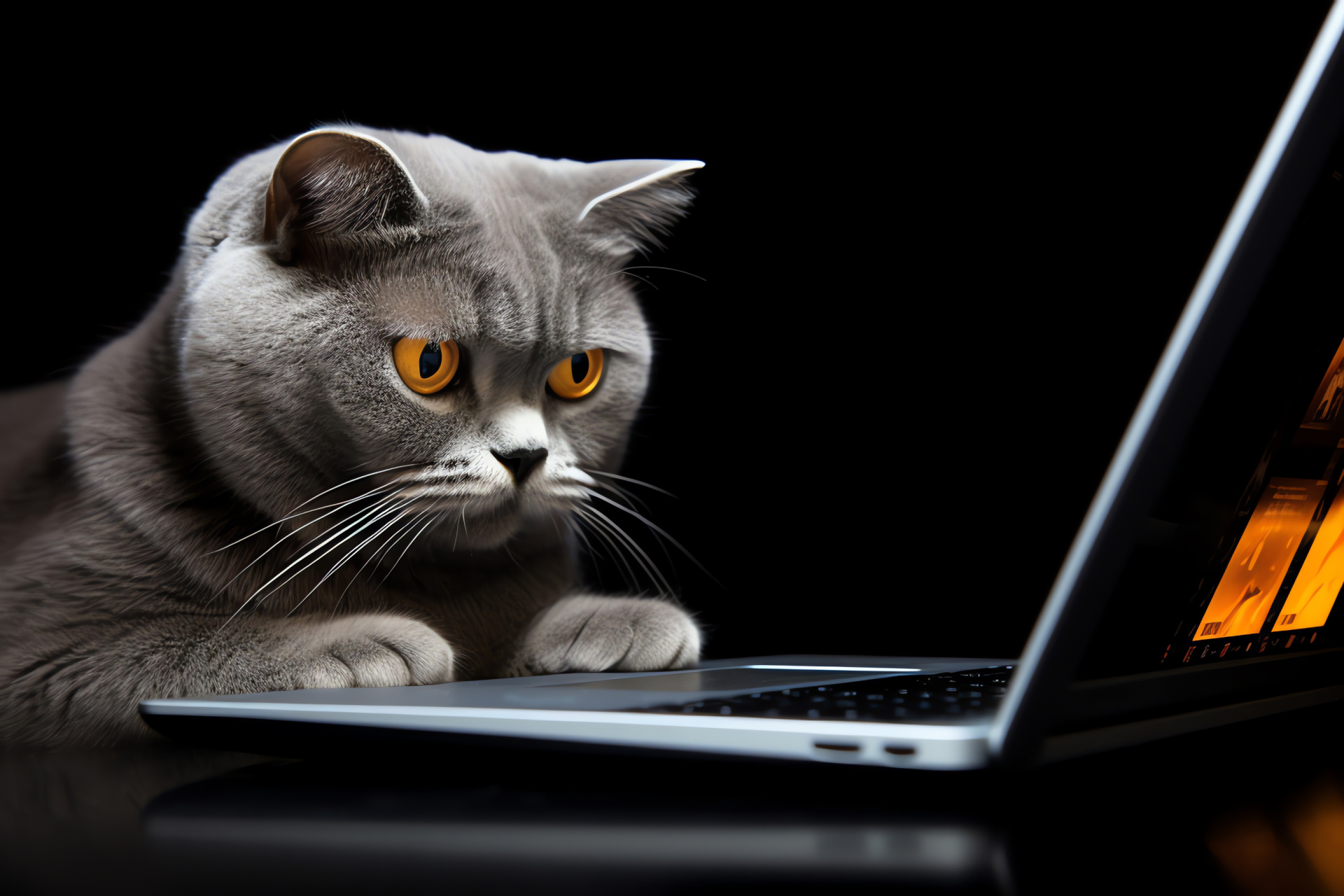 Reading Cats Computer, Scottish Fold cat at work, Intelligent feline eyes, Work area animal, Contrasting backdrop, HD Desktop Image