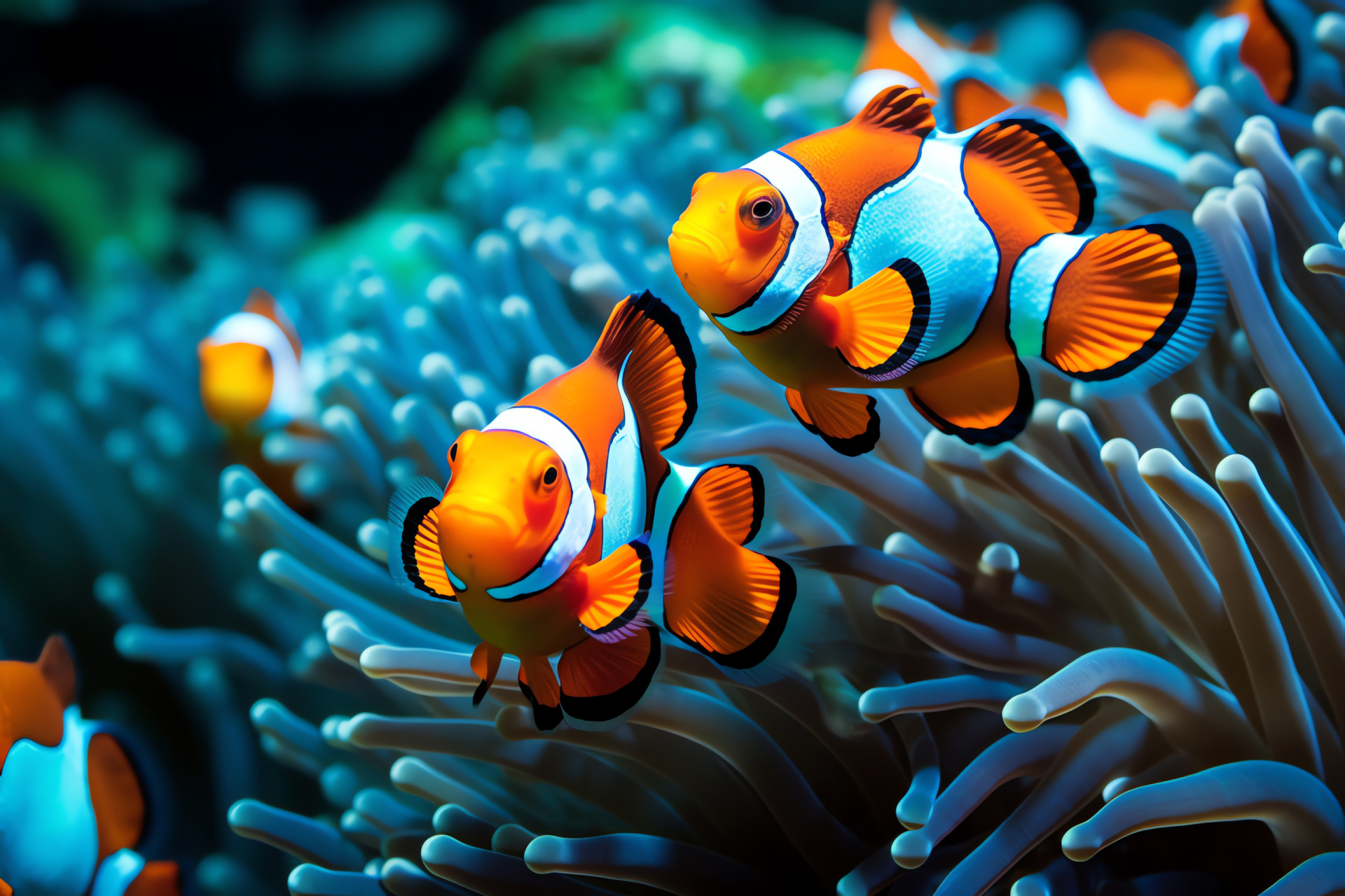 Clownfish amongst sea fauna, Marine ecosystem swimmer, Coral reef inhabitant, Bold striped aquatic species, Marine vividness, HD Desktop Wallpaper