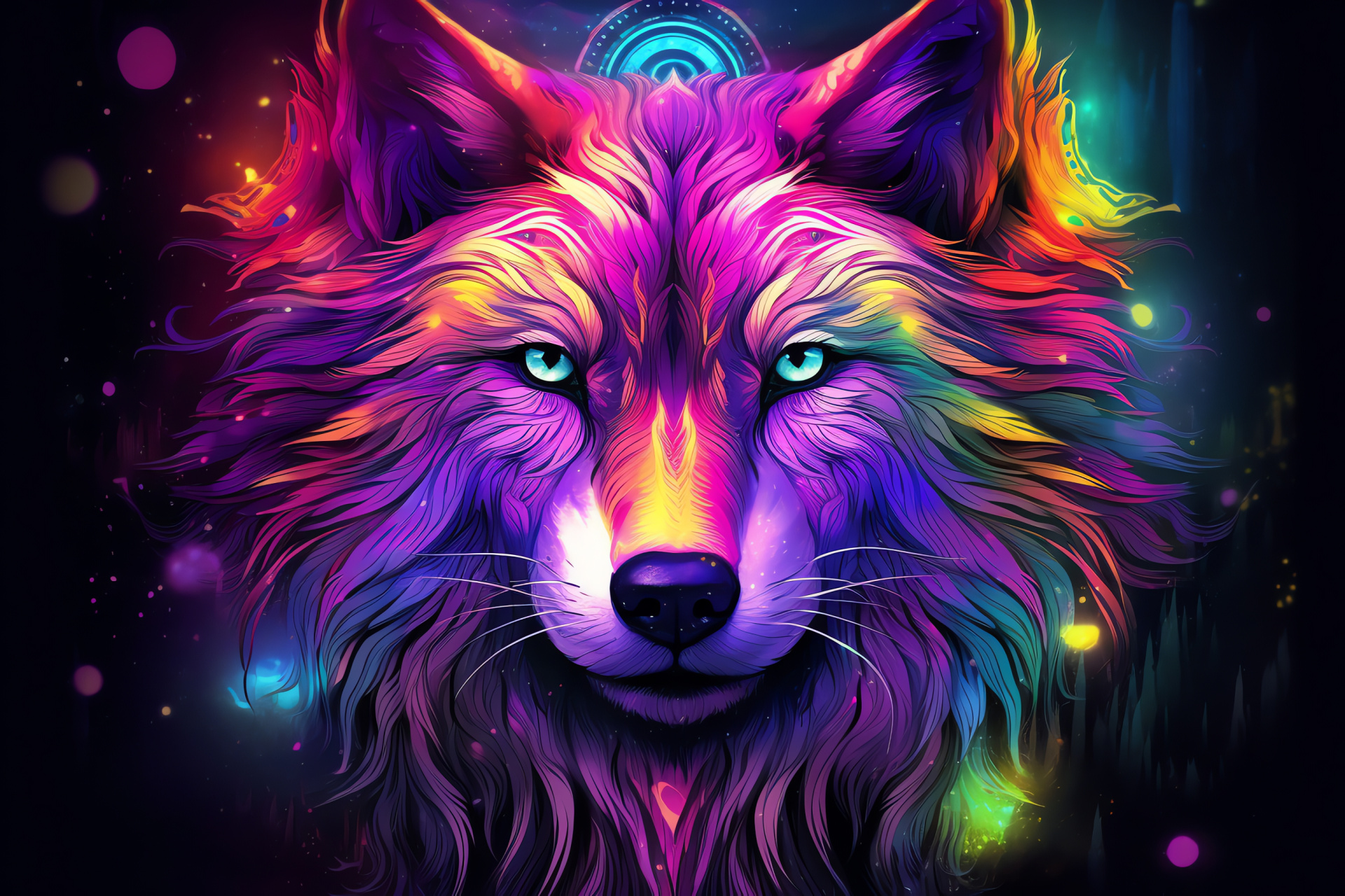 Neon wolf, cosmic gaze, celestial fur, lush jungle, mythical aura, HD Desktop Image