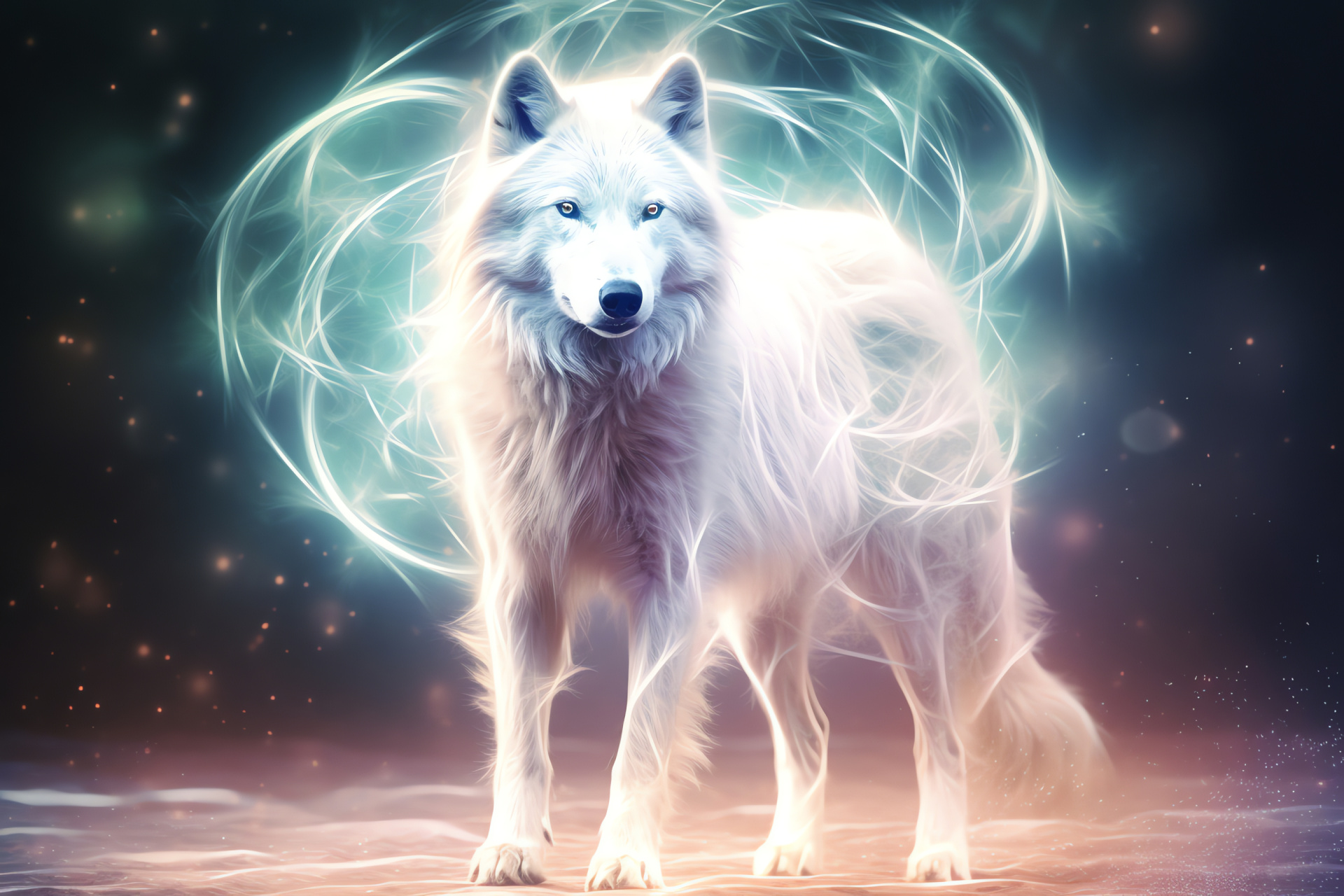 Wolf, alabaster pelt, majestic display, radiant energy, mystical ambience, HD Desktop Wallpaper