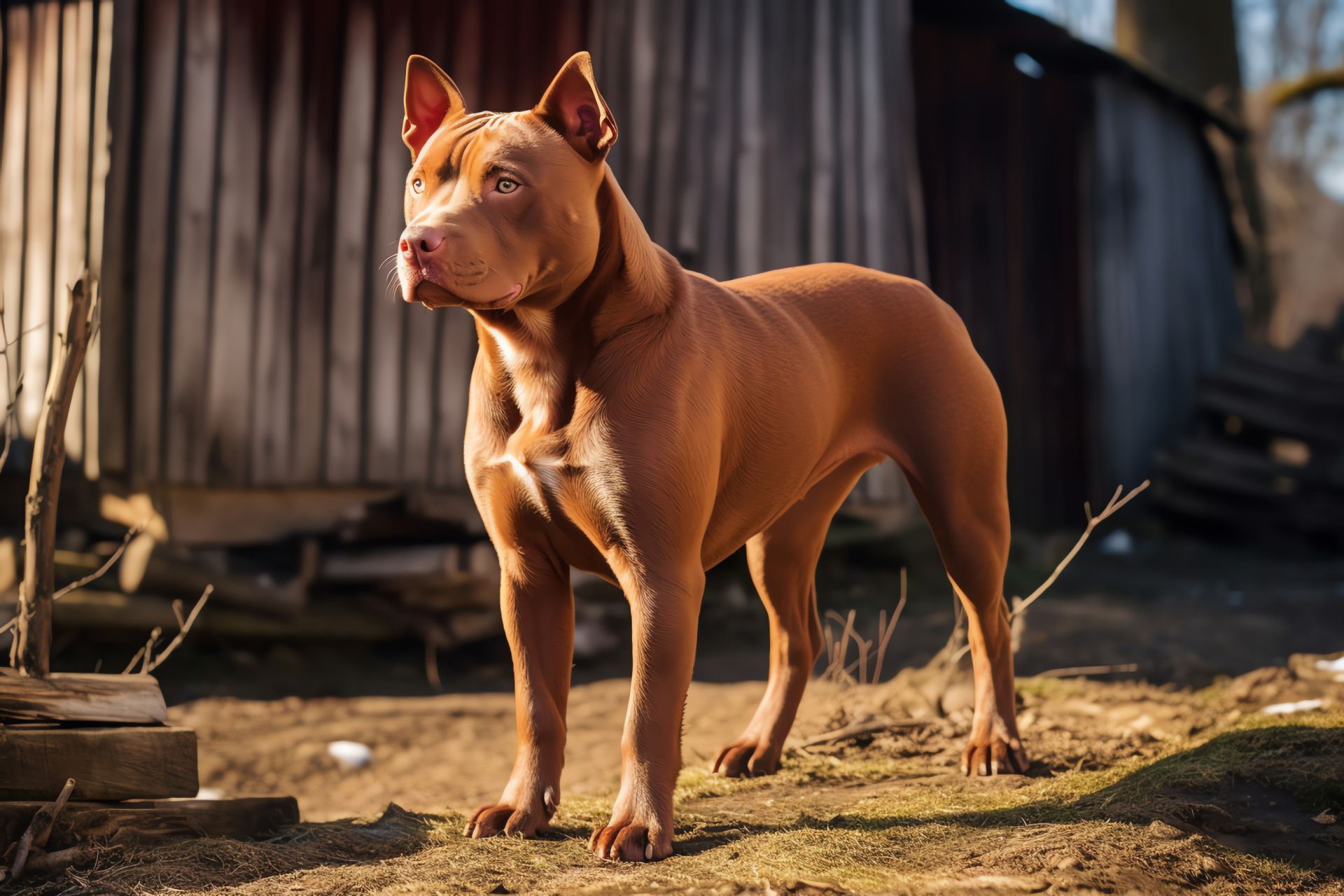 Red Nose Pitbull canine, Vivid cherry hue, Brown-eyed dog, Solid physique, Outdoor farm setting, HD Desktop Wallpaper