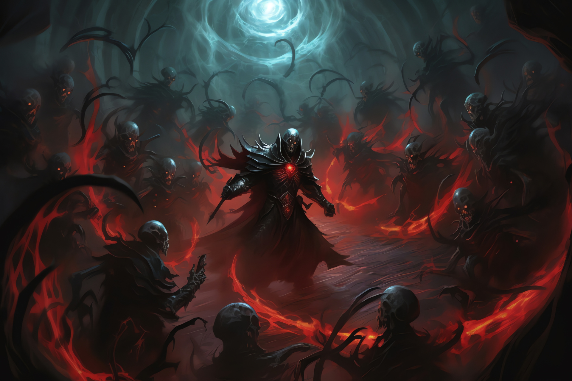 Dark necromantic battle, Magic vortex concept, Sinister energy projection, Skeleton minion army, Dark theme gameplay, HD Desktop Wallpaper