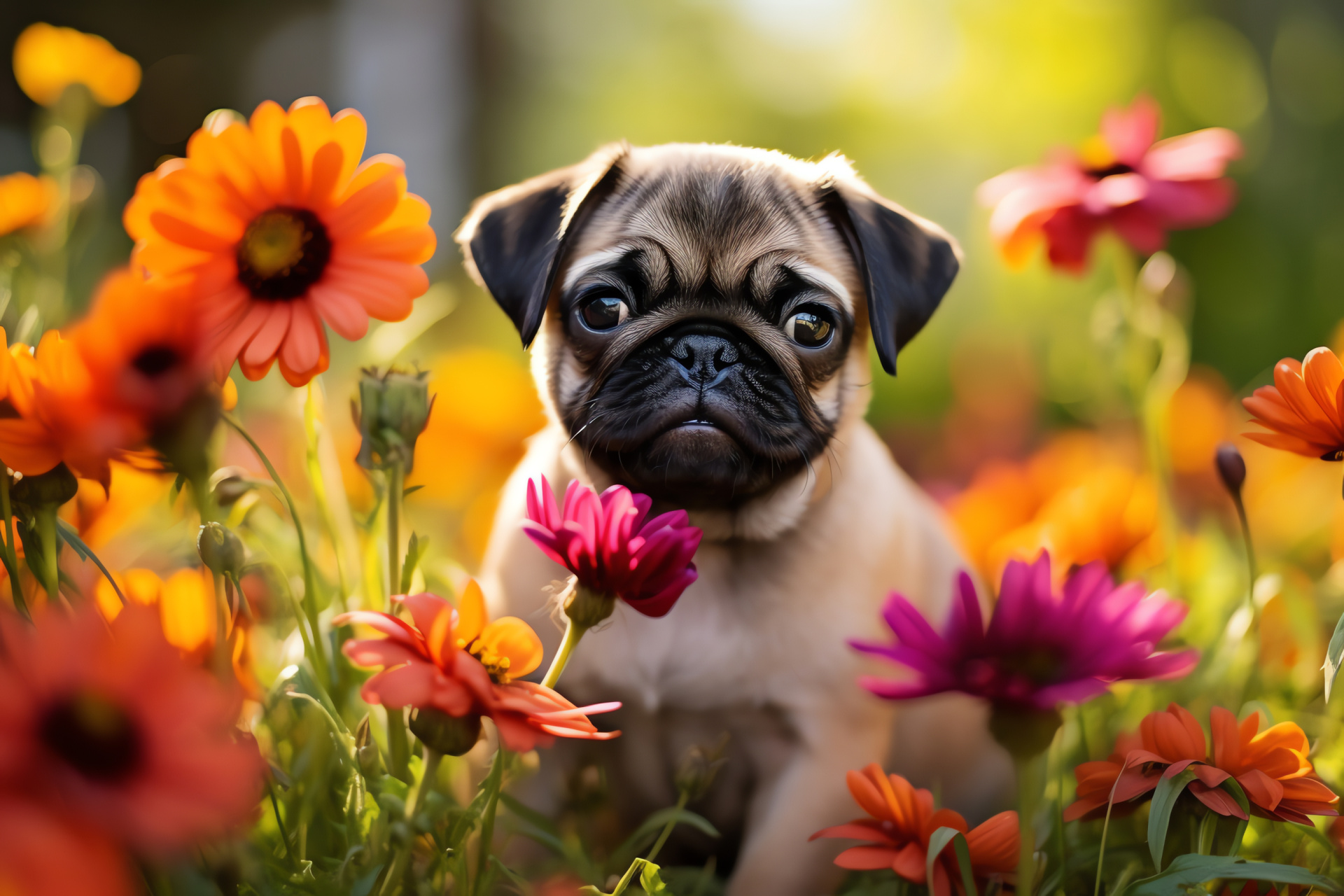 Pug puppy, curly coat, brown-eyed pet, fawn pet, black face animal, HD Desktop Wallpaper