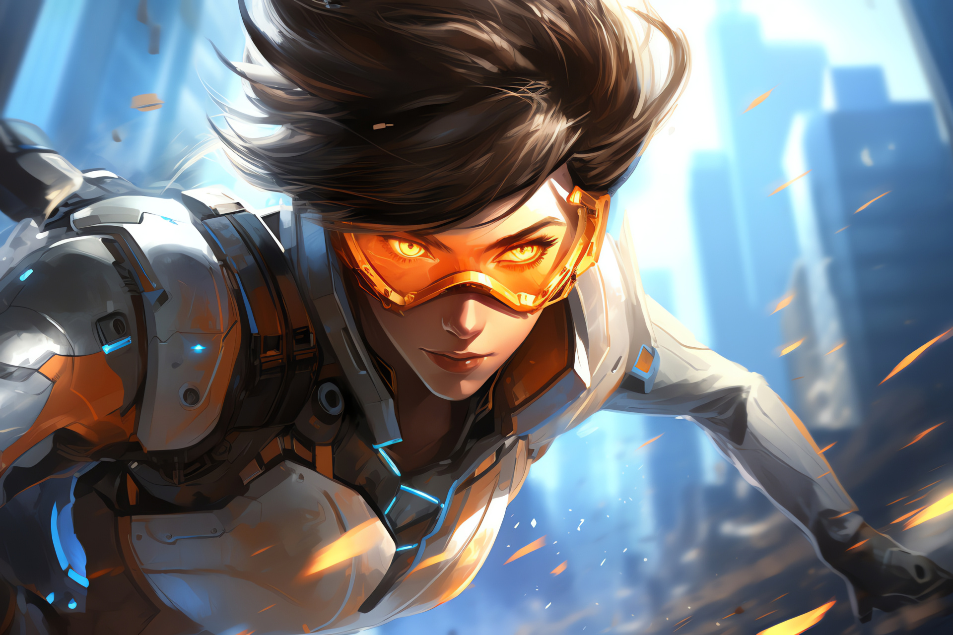 Overwatch game Tracer, Bullet volley, Advanced metropolis, Towering edifices, Gaming backdrop, HD Desktop Wallpaper