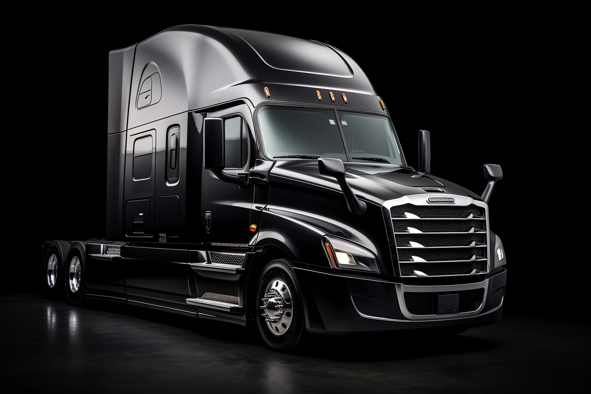 Long haul transport, Freightliner vehicle, elevated perspective, modern design, shadowy contrast, HD Desktop Image