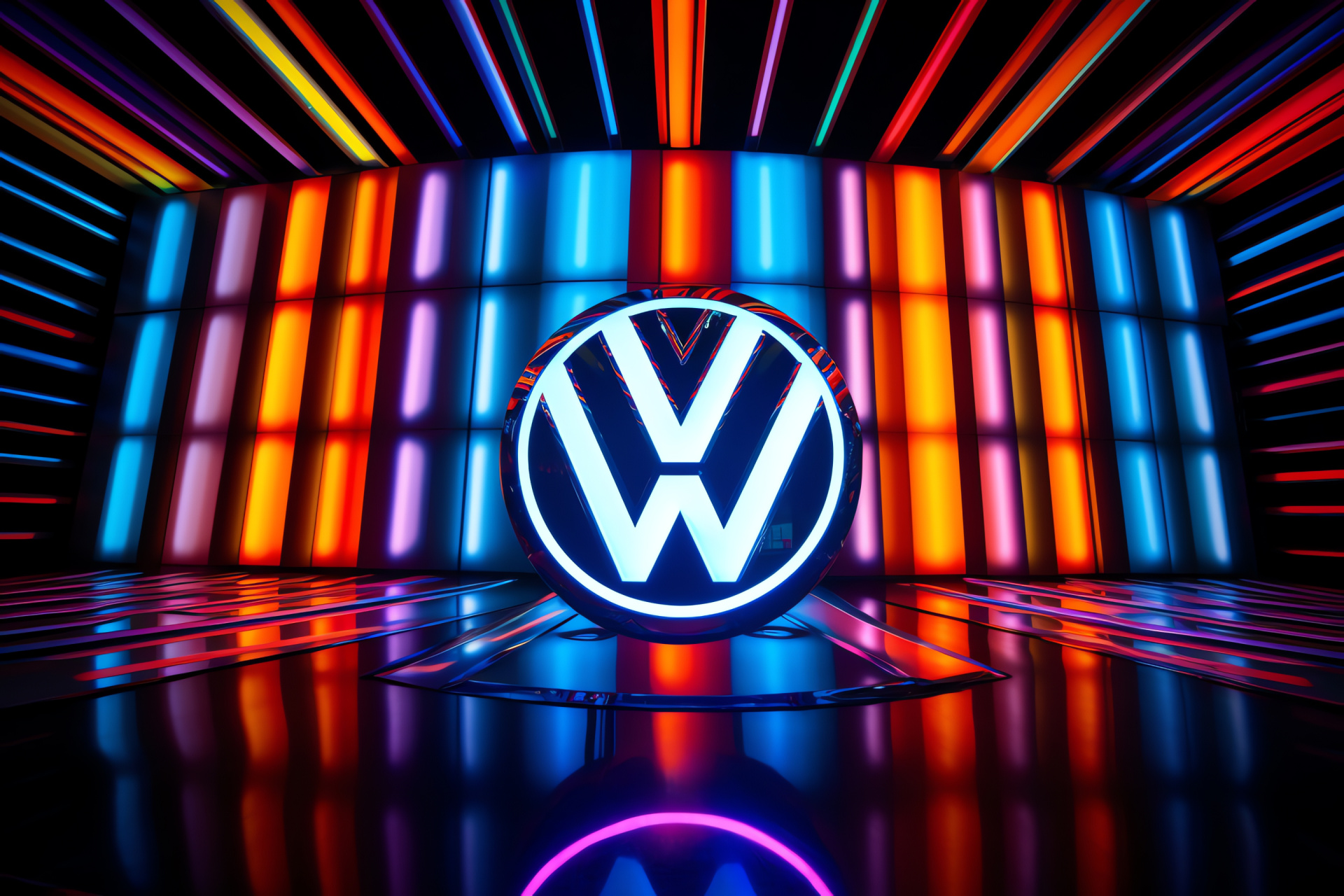 VW logo, contemporary art setting, close perspective, light play, bright installation, HD Desktop Wallpaper