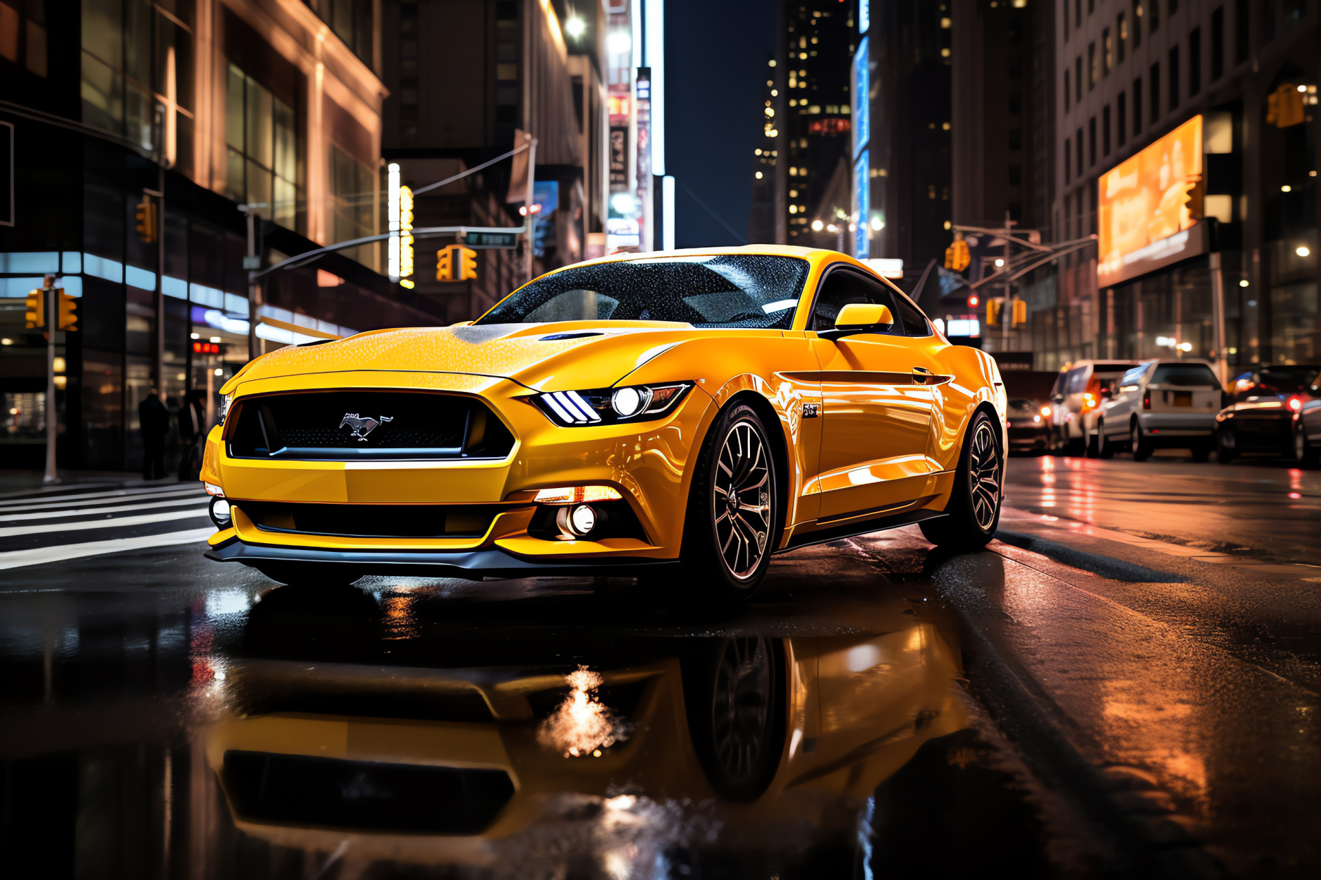 Ford Mustang, NYC urban hustle, Iconic yellow cabs, City architecture, Contemporary car design, HD Desktop Image