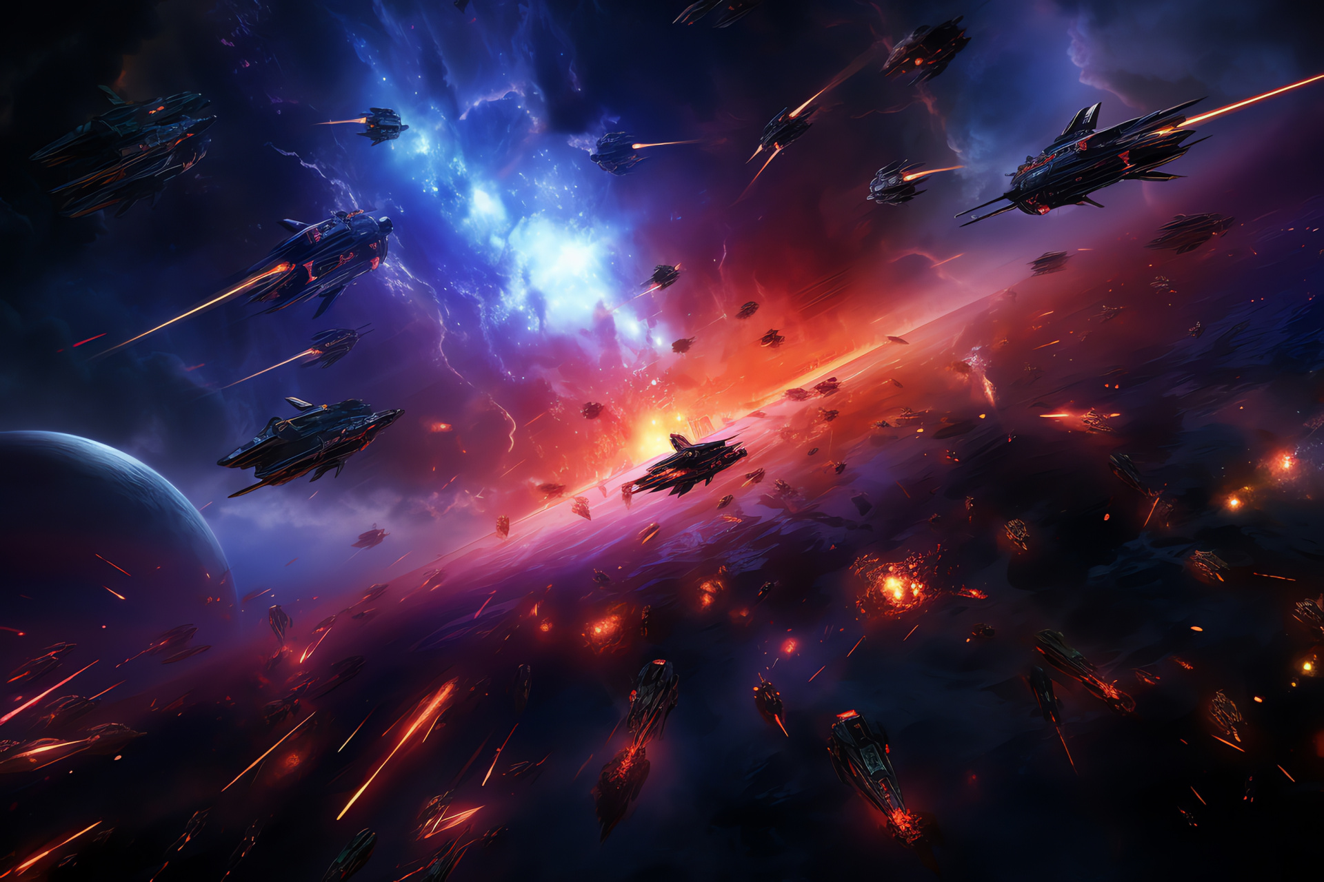 Incredible space warfare, Vivid cosmic battlefield, High-energy light combat, Intergalactic conflict panorama, Hyperspace warfare tableau, HD Desktop Wallpaper