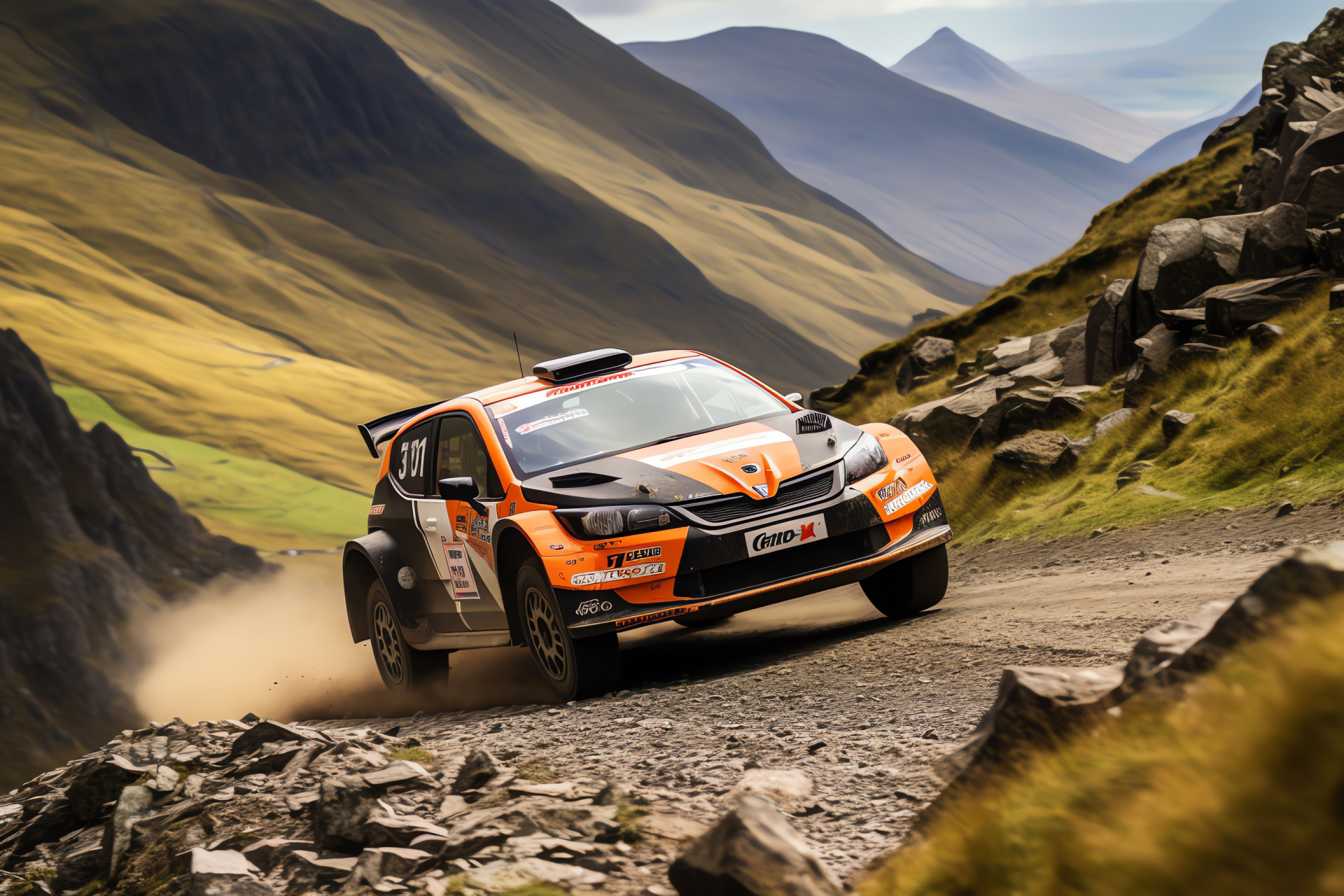 Rally car Welsh stage, Harsh terrain motorsport, Commanding paint job, Hill climb action, Spectacular views, HD Desktop Image