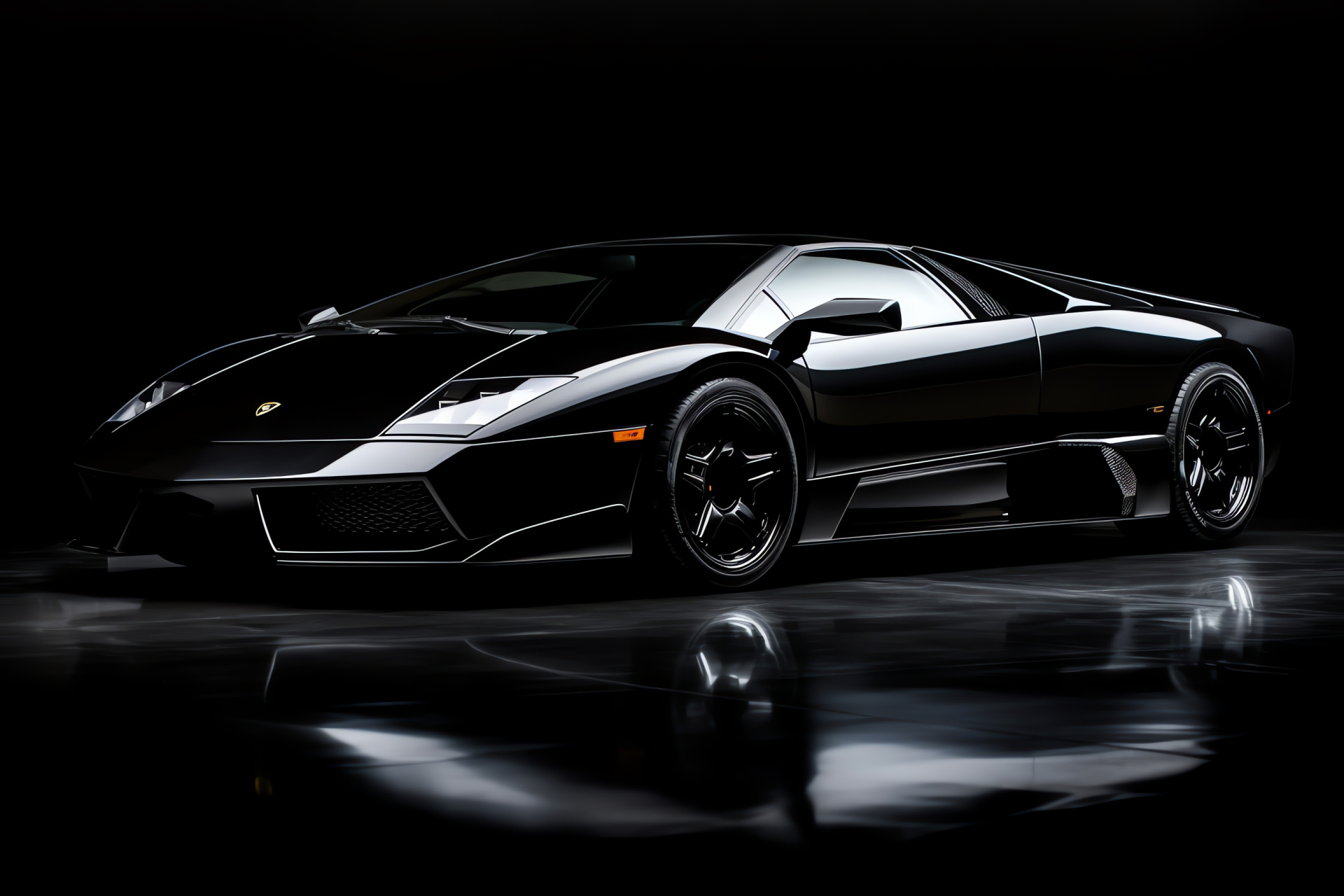 Sleek Lamborghini Murcielago, Ominous black finish, Aerodynamic supercar shape, Exotic car display, Automobili Lamborghini model, HD Desktop Image