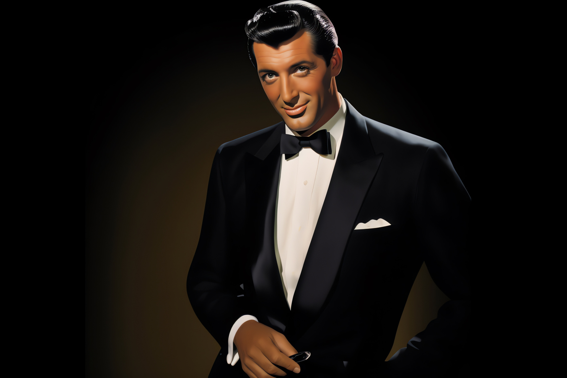 Dean Martin with signature mischievous grin, formal black tuxedo, crisp white pocket square, charismatic hazel eyes, HD Desktop Wallpaper