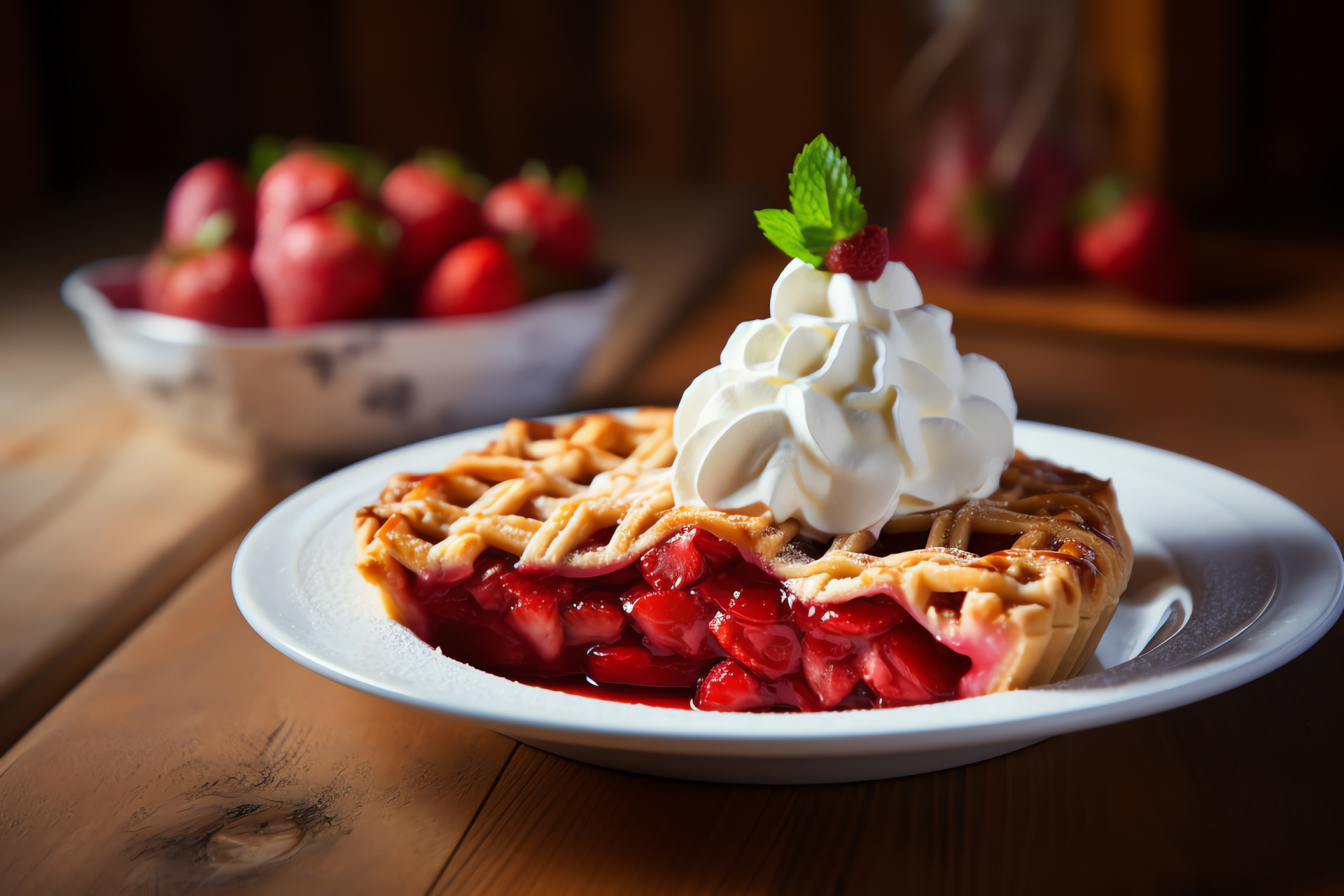 Dessert presentation, Homemade strawberry pie, Aged timber surface, Golden pastry lattice, Seasonal berry treat, HD Desktop Image