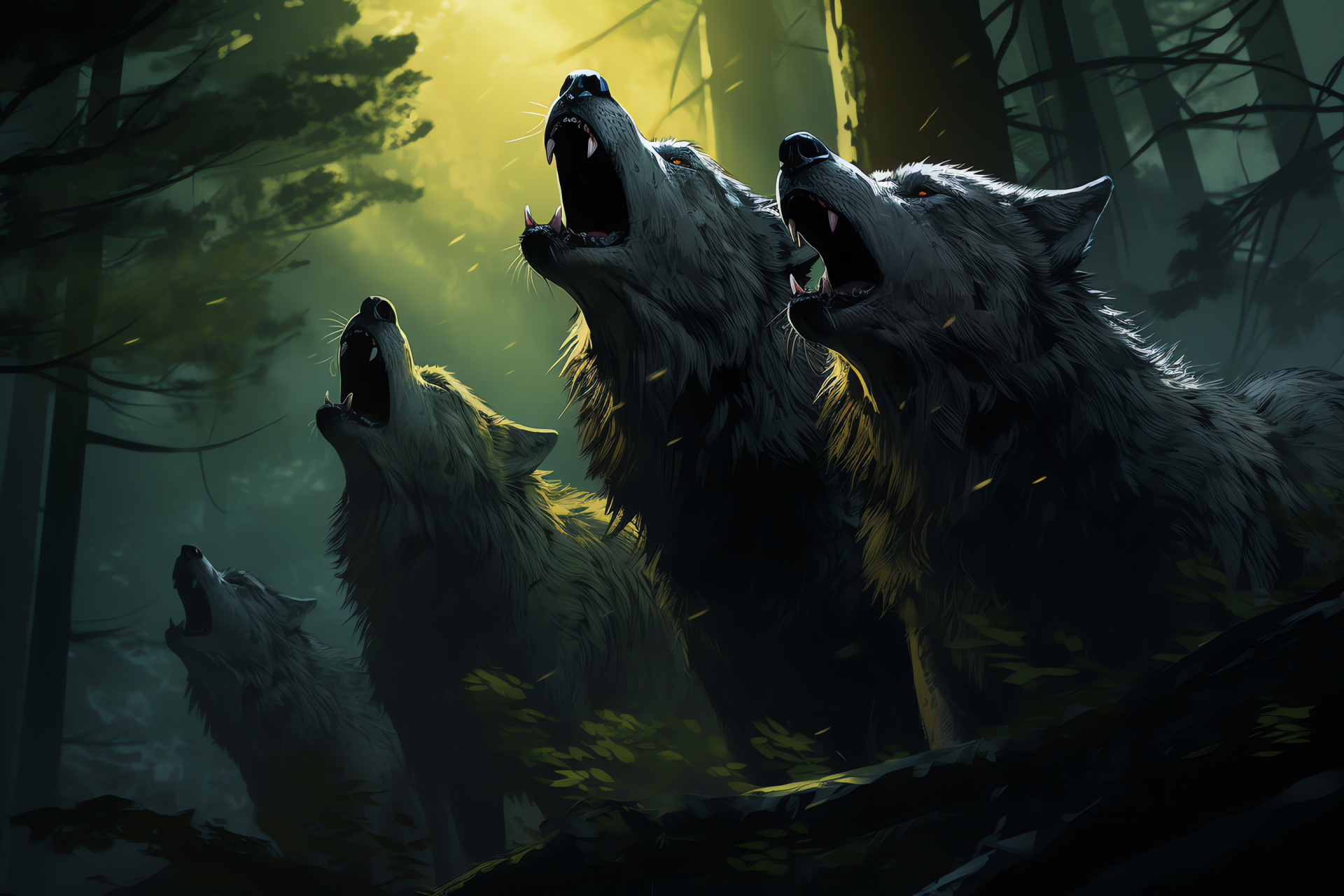 Wolfpack vocalizing, Nocturnal animals, Wilderness soundscape, Lycanthrope myth inspiration, Moonlit creatures, HD Desktop Wallpaper