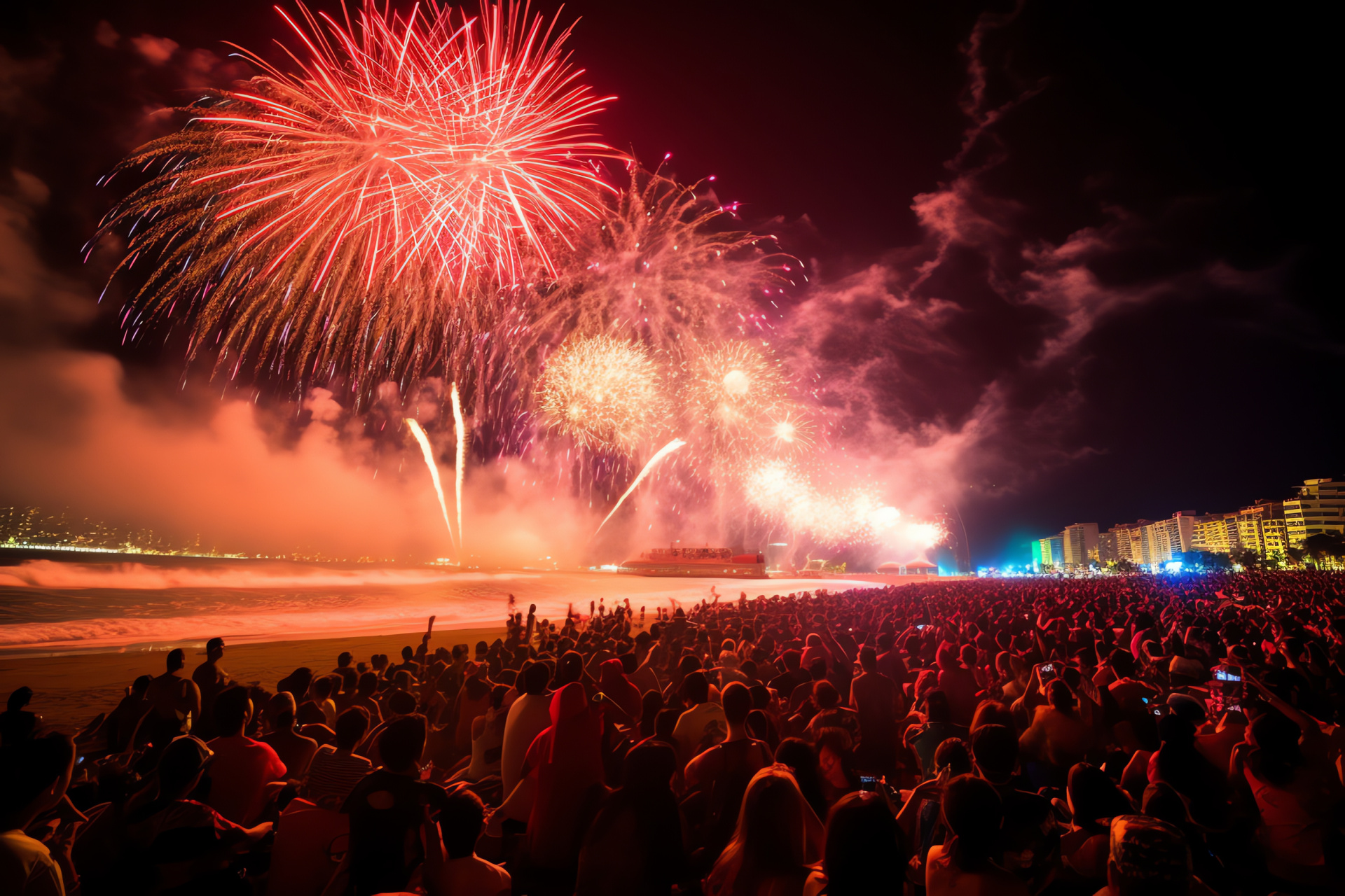 Rio de Janeiro festivities, New Year Copacabana, Brazilian rhythms, firework extravaganza, joyful assembly, HD Desktop Wallpaper