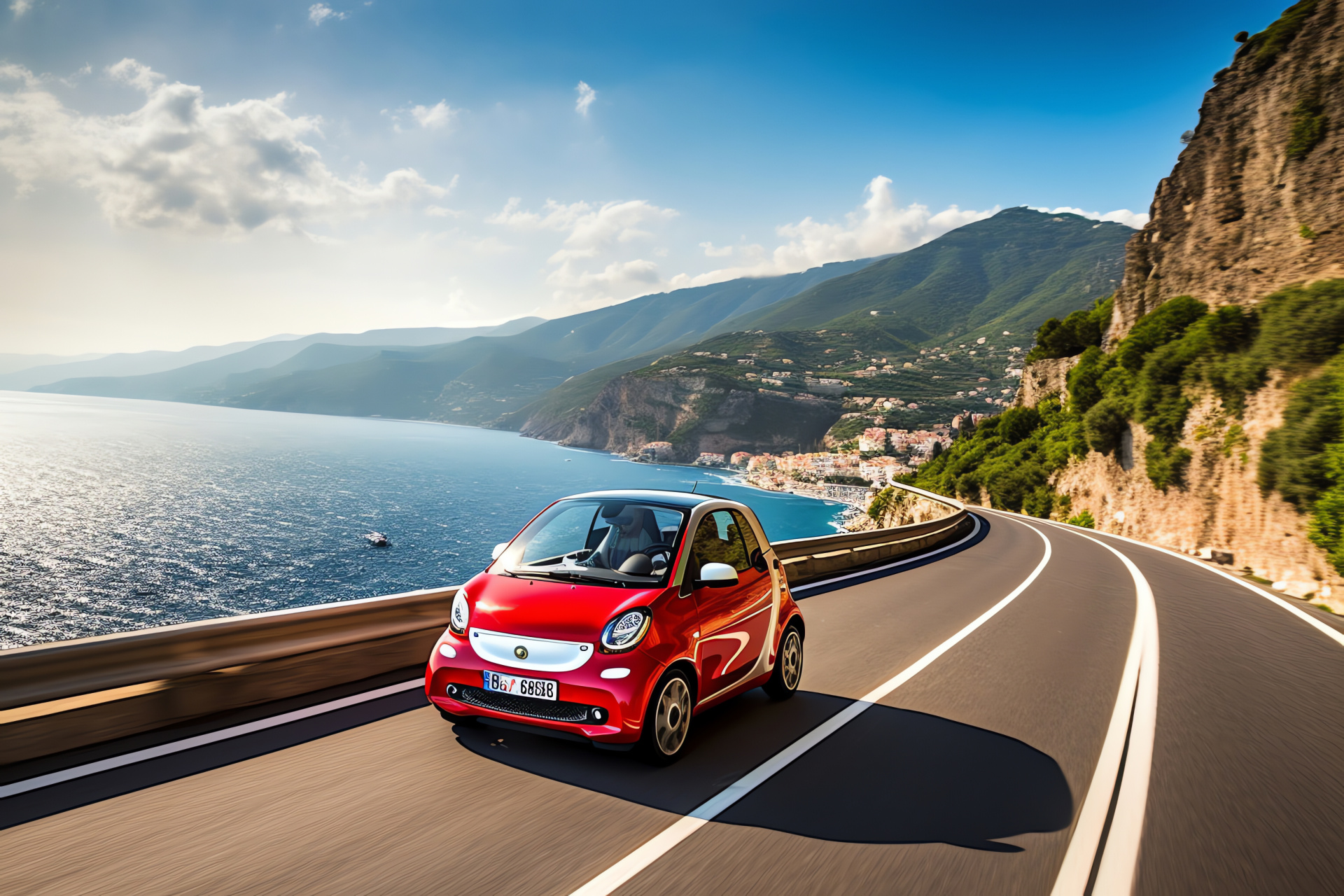 Smart Car Italy, Electric Drive, Amalfi coastal roads, compact efficiency, Mediterranean backdrop, HD Desktop Wallpaper