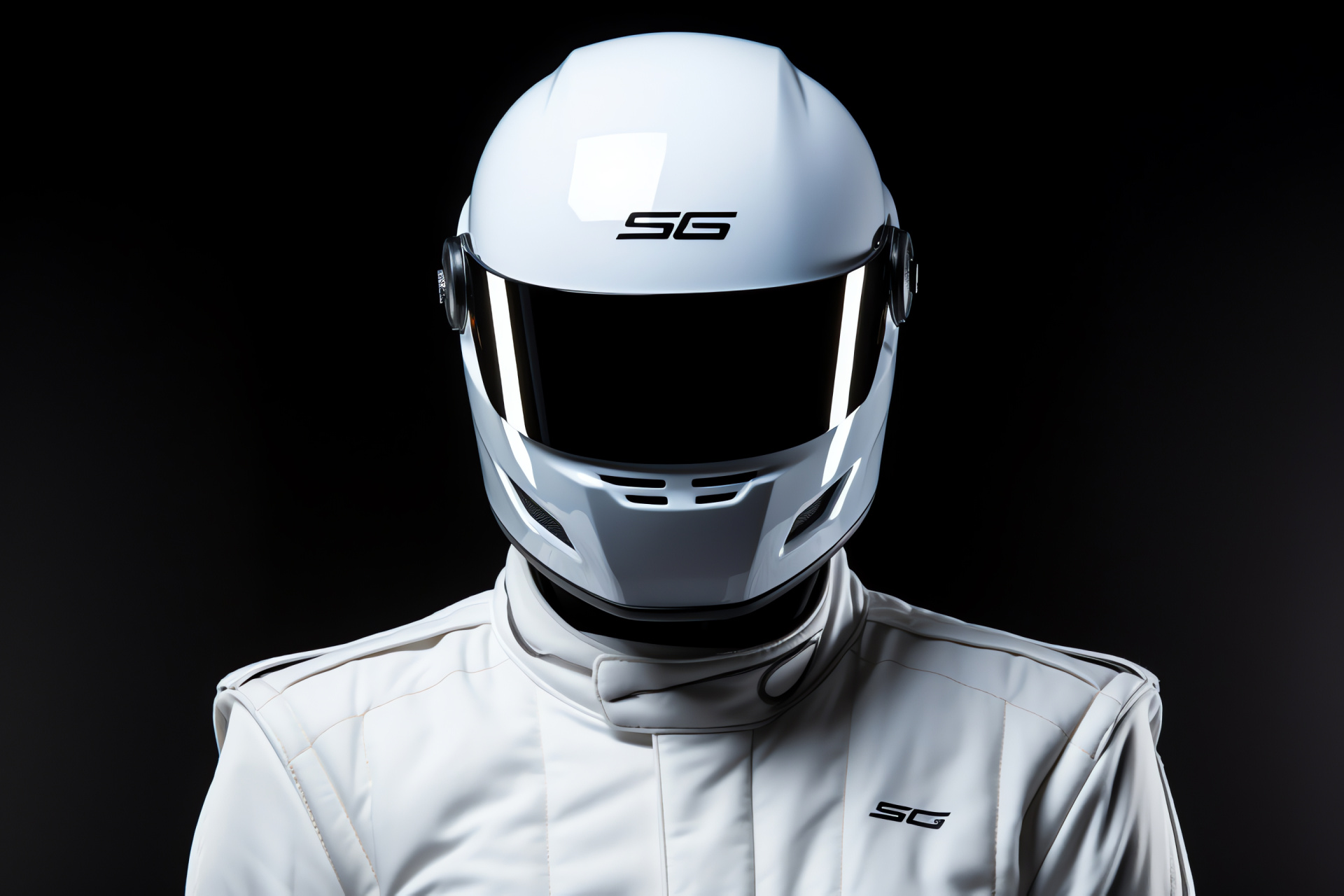 The Stig, overhead aspect, contrast backdrop, racing apparel, design depth, HD Desktop Image