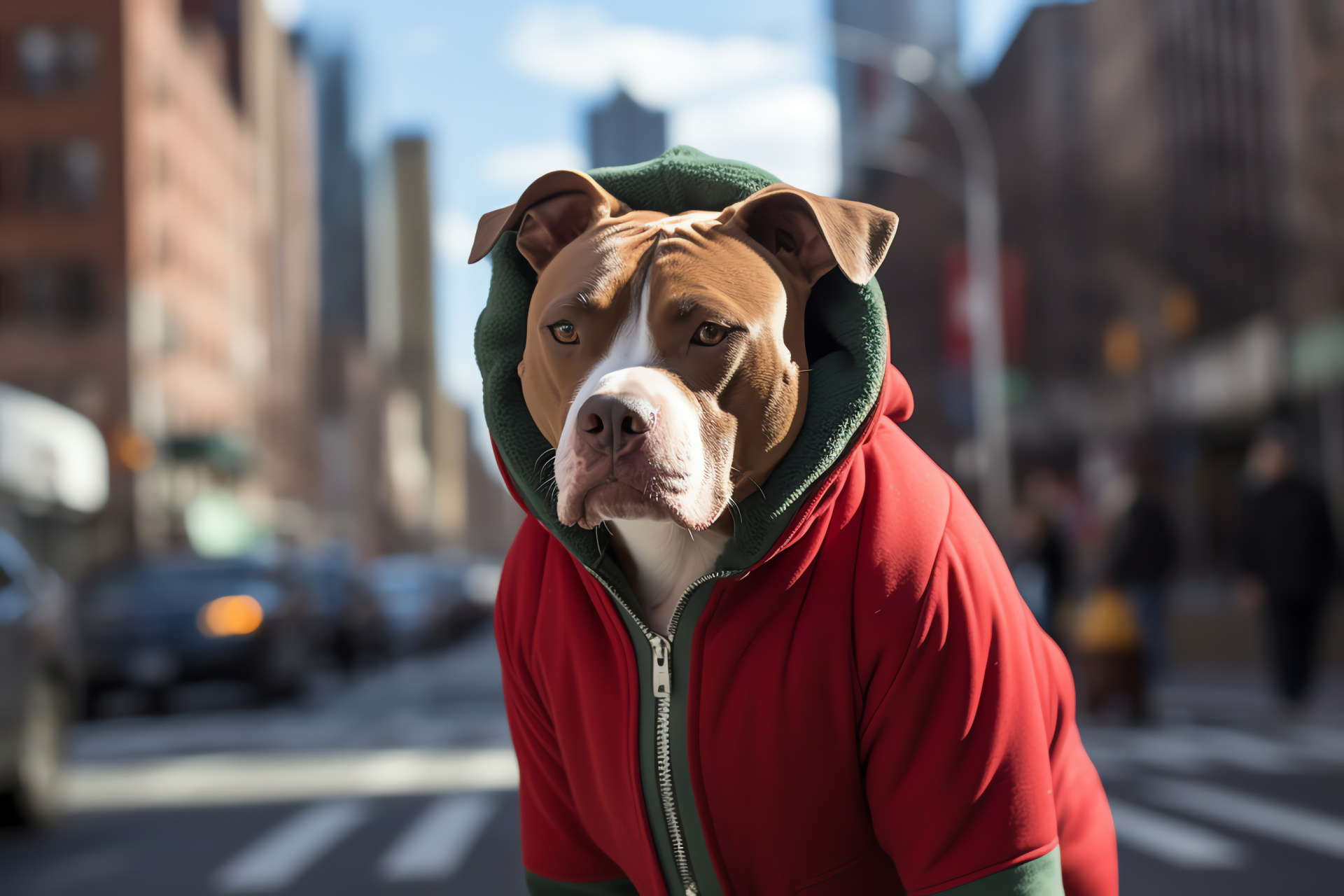 Pitbull, red white fur, confident demeanor, city bustle, canine charisma, HD Desktop Wallpaper