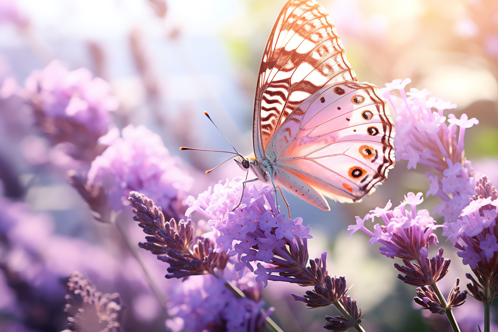 Insect beauty, Pink butterfly, Purple elegance, Floral patterns, Tranquil nature, HD Desktop Image