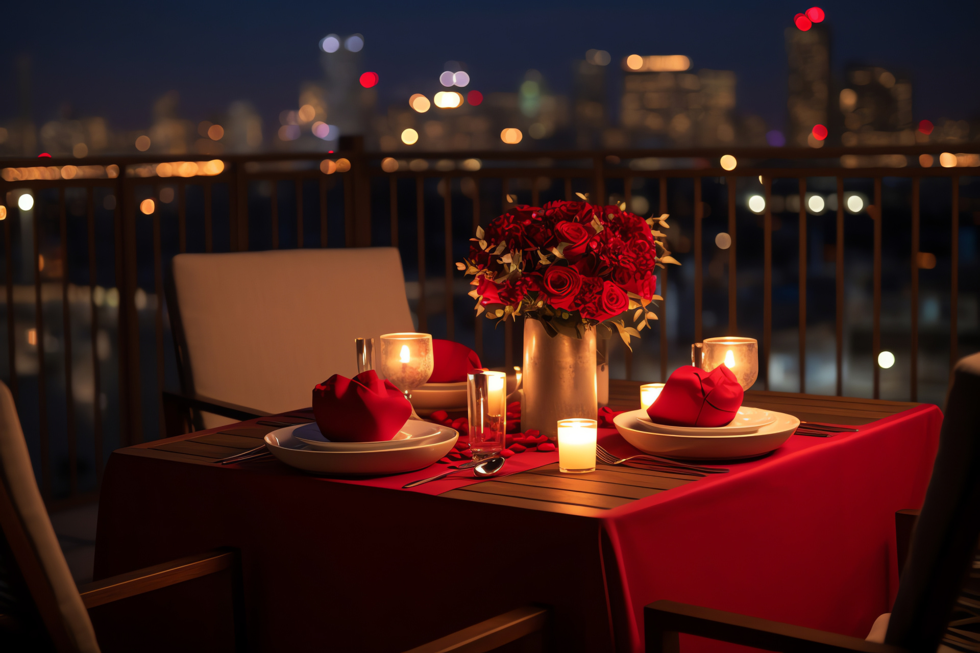 Lover's day, Panoramic dining, Metropolitan ambiance, Ruby linens, Taper light, HD Desktop Image