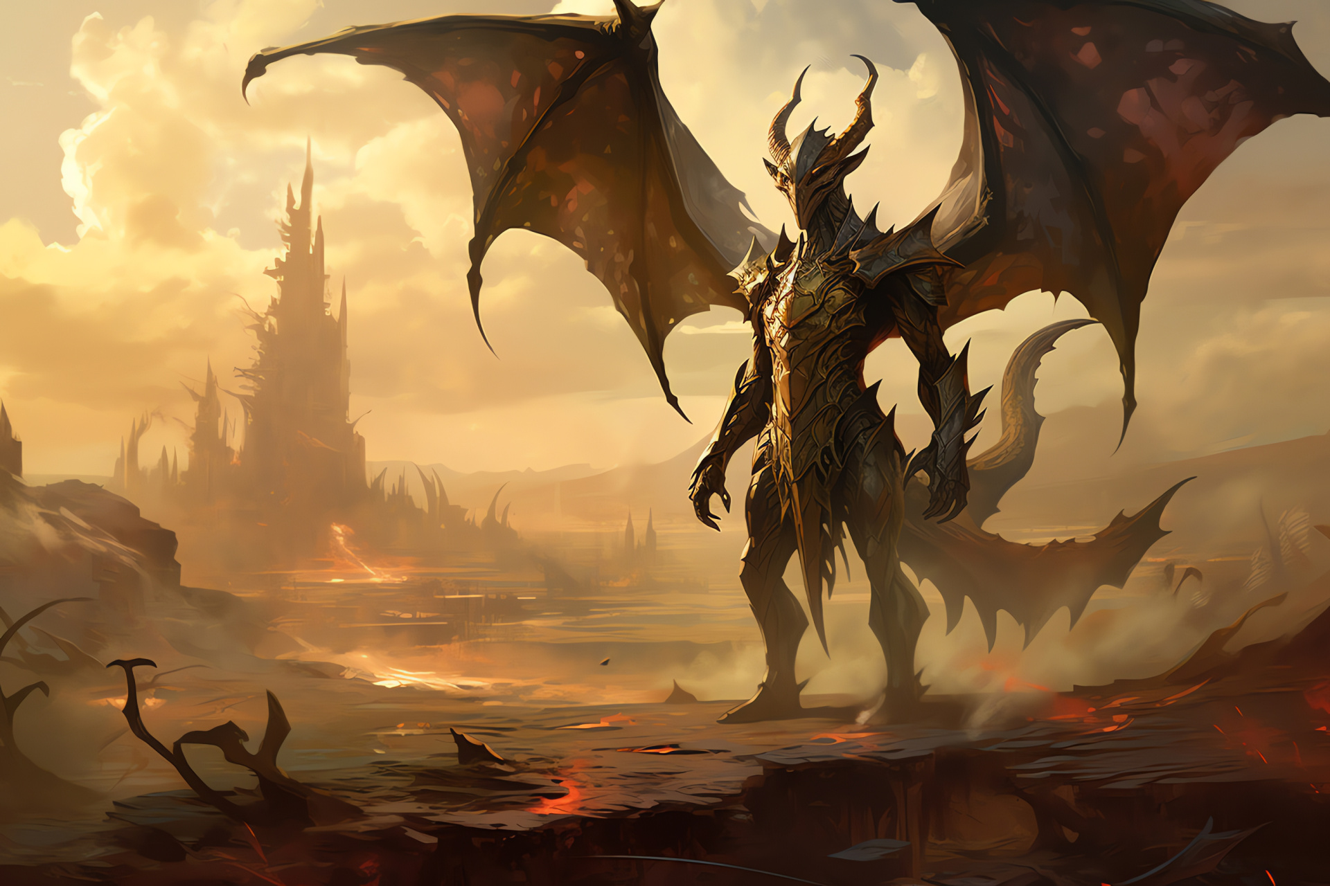 Nicol Bolas command, Zendikar realm, Chaotic battlefield art, Destructive aftermath, Game universe, HD Desktop Image