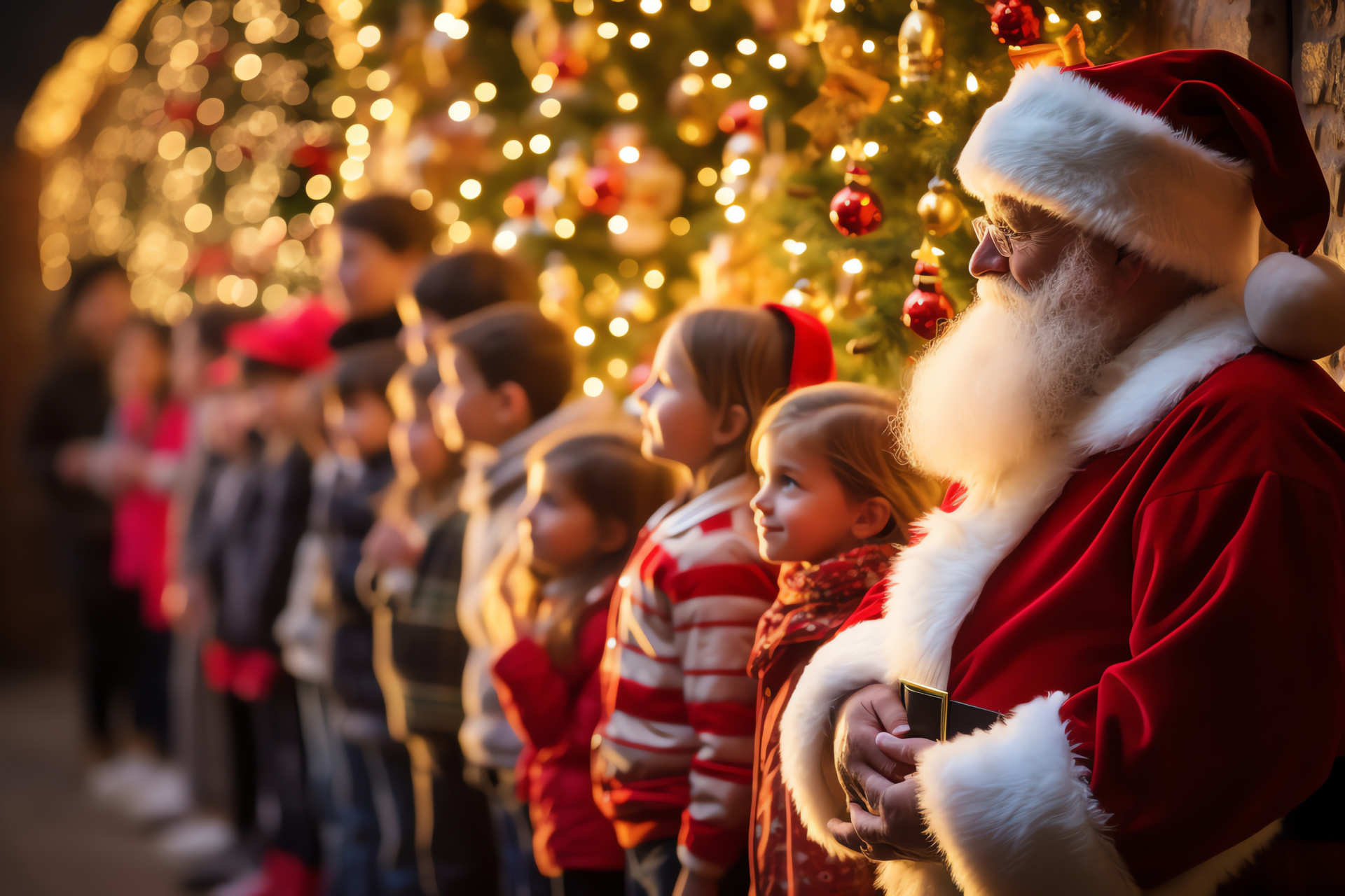 Youthful anticipation, Queue for Kris Kringle, Festive myth, Holiday venue, Vibrant illumination, HD Desktop Wallpaper