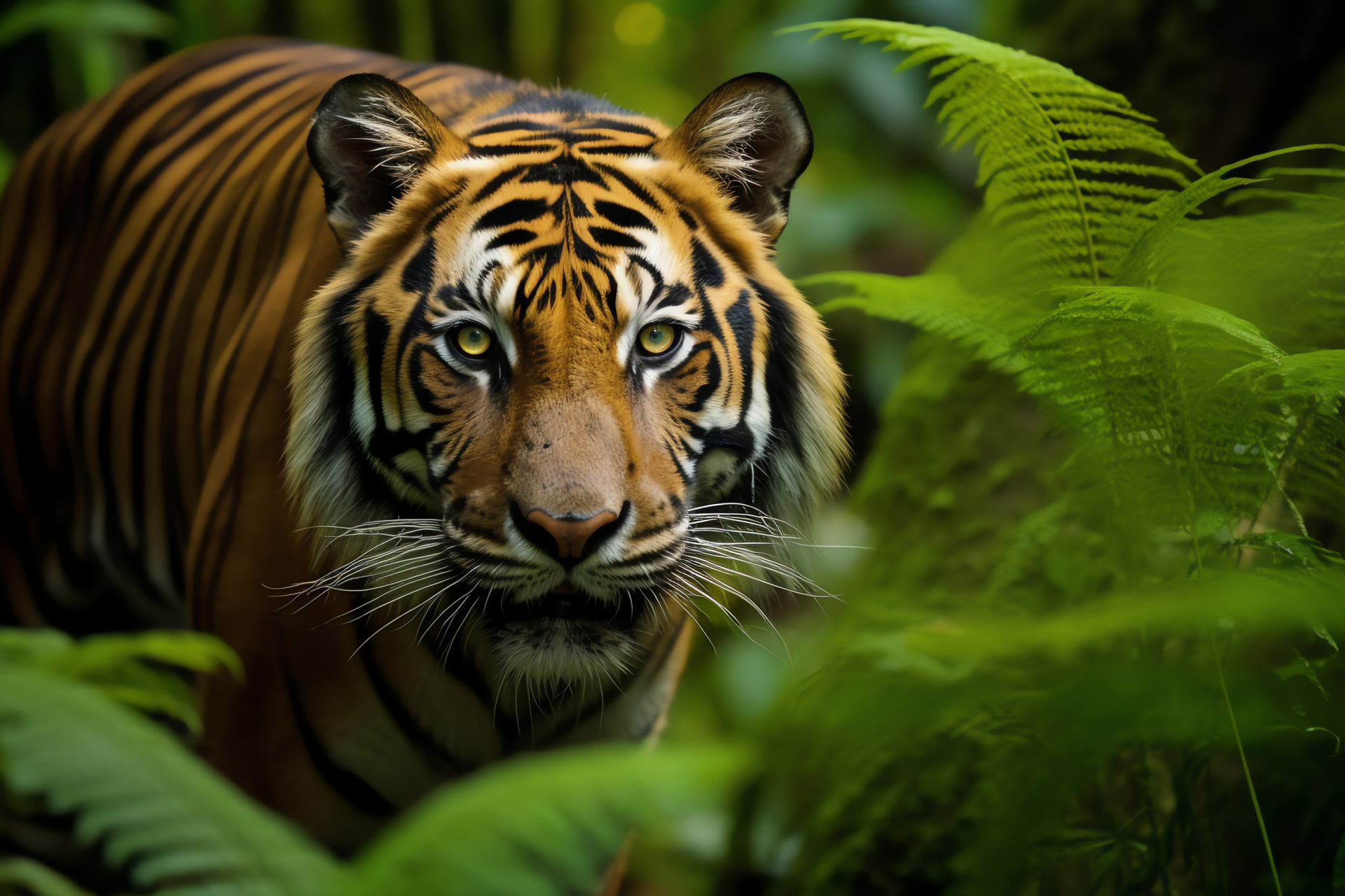 Stealthy Indochinese tiger, Green-eyed big cat, Tigers in mountain fog, Southeast Asia wildlife, Striped animal, HD Desktop Image