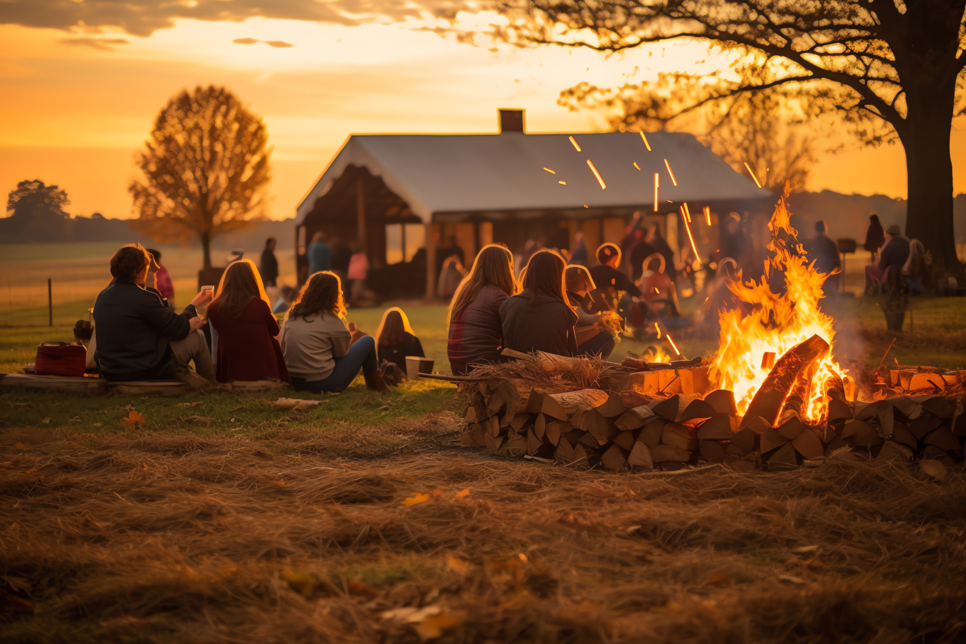 Rural Thanksgiving celebration, pastoral farm scenery, open field gathering, spectacular autumn foliage, harvest joy, HD Desktop Image