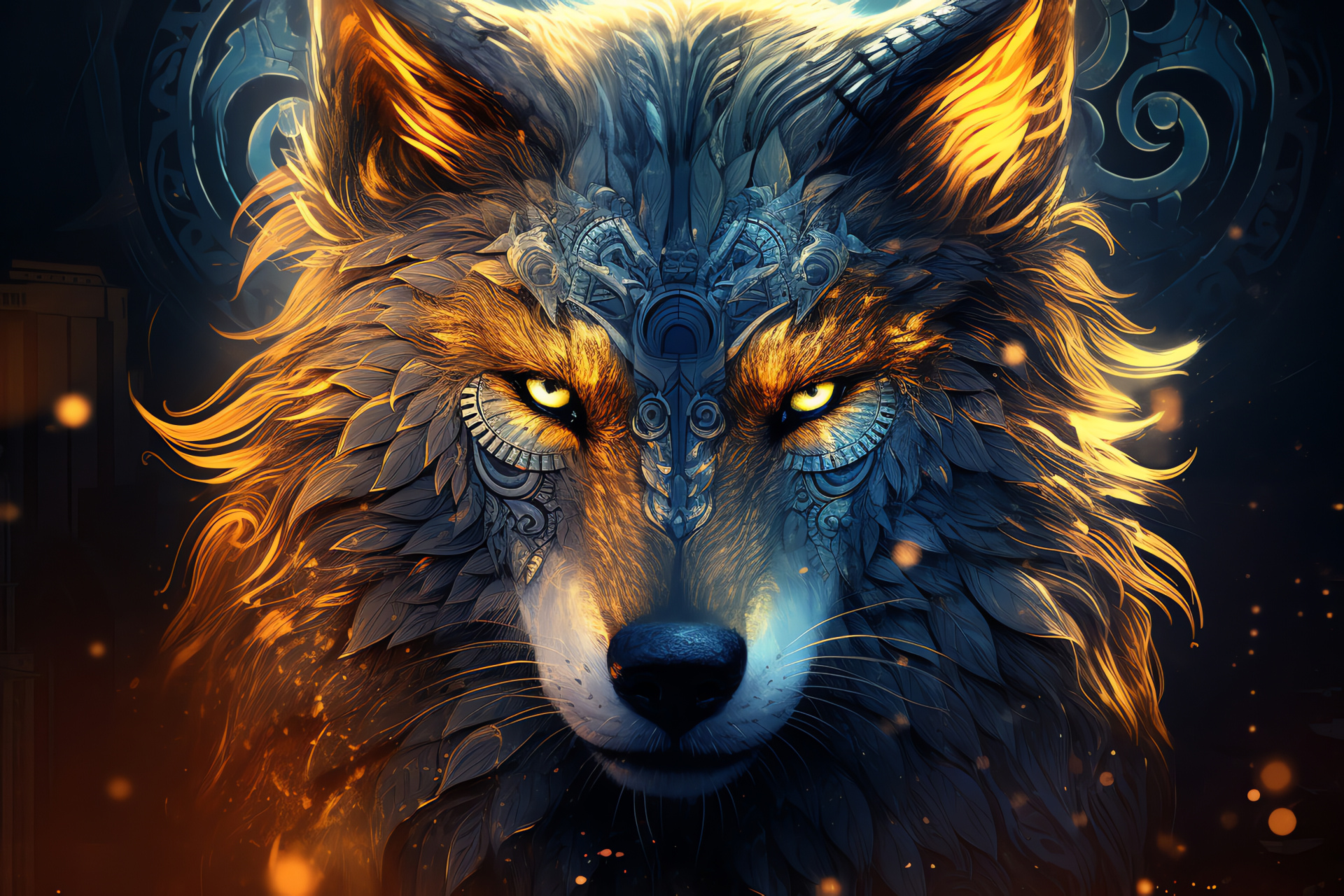 Wolf motif, Golden iris, Indigo-silver fur, Gold accents, Predatory emblem, HD Desktop Wallpaper