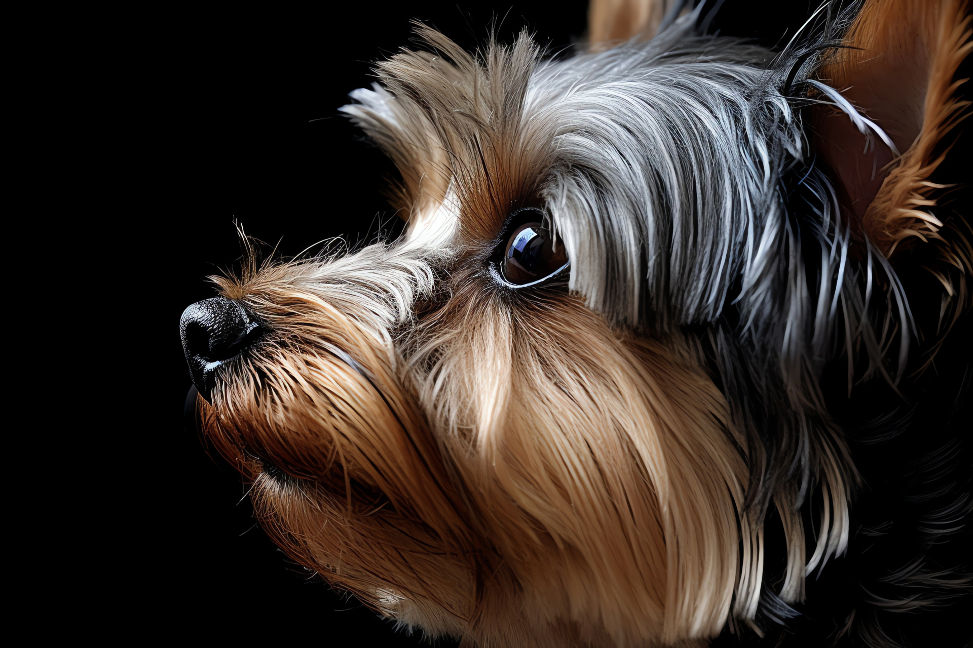 Toy breed, Yorkshire canines, Dog close-ups, Silvery tan coating, Black backdrop, HD Desktop Image